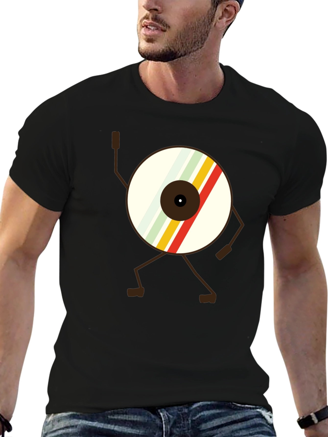 Black Retro Record Character T-Shirt - Cool Graphic Tee view 6