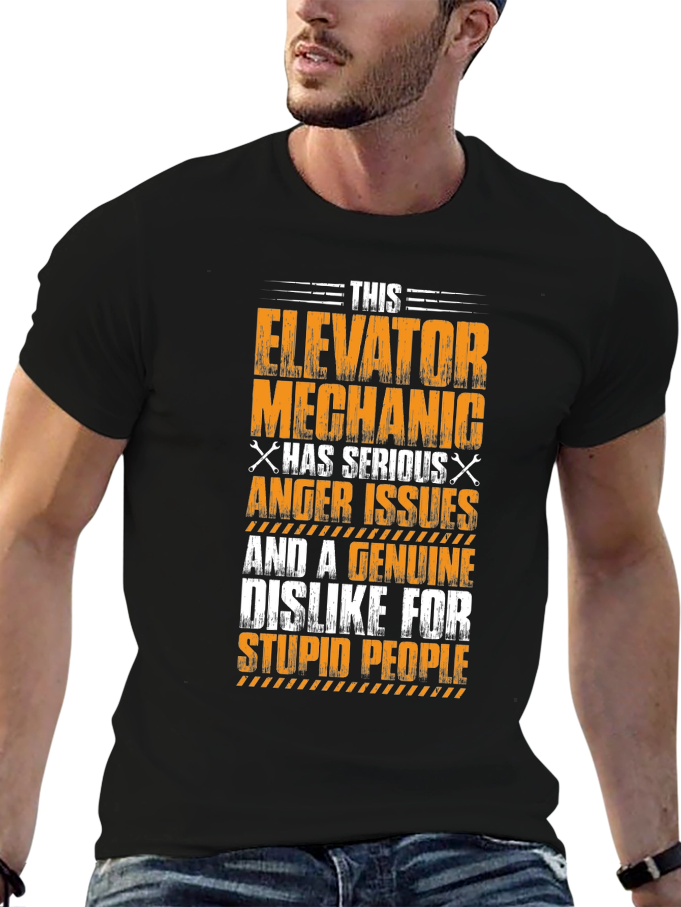 Black Elevator Mechanic Anger Issues Graphic T-Shirt view 6