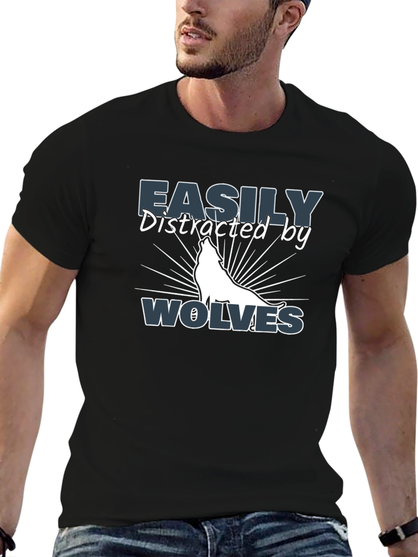 Black Easily Distracted By Wolves T-Shirt - Funny Wolf Lover Tee view 6