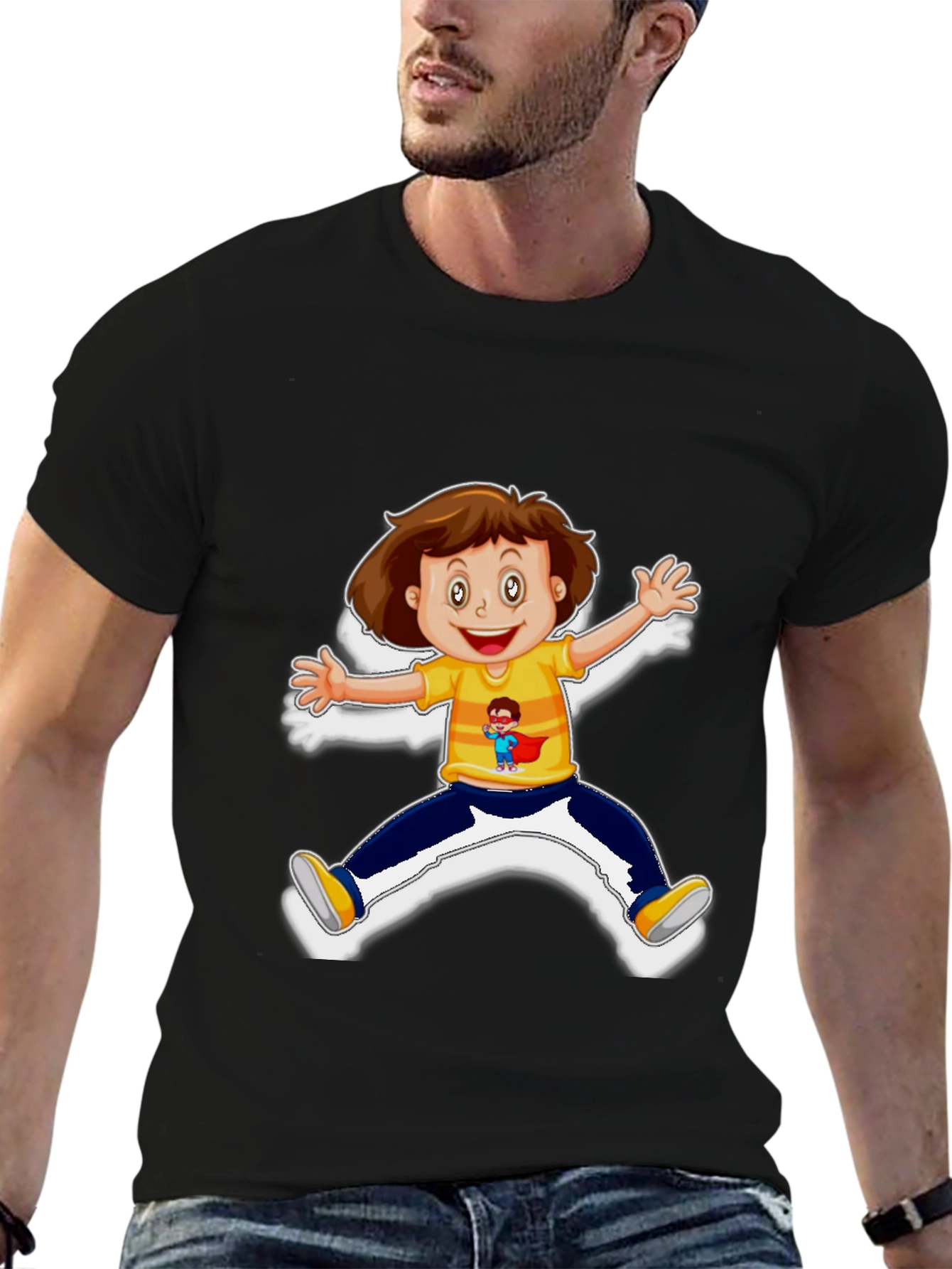 Black Cartoon Kid Graphic Black T-Shirt view 6