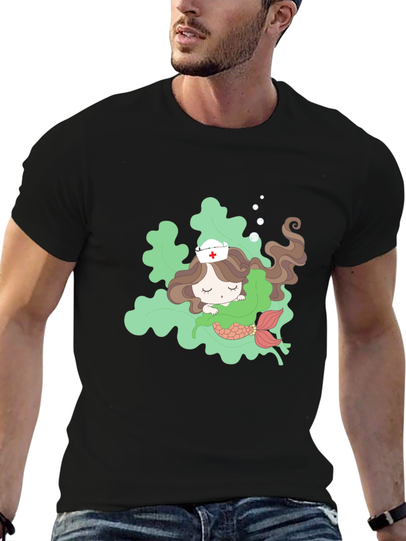 Black Mermaid Nurse T-Shirt - Cute Cartoon Design view 6