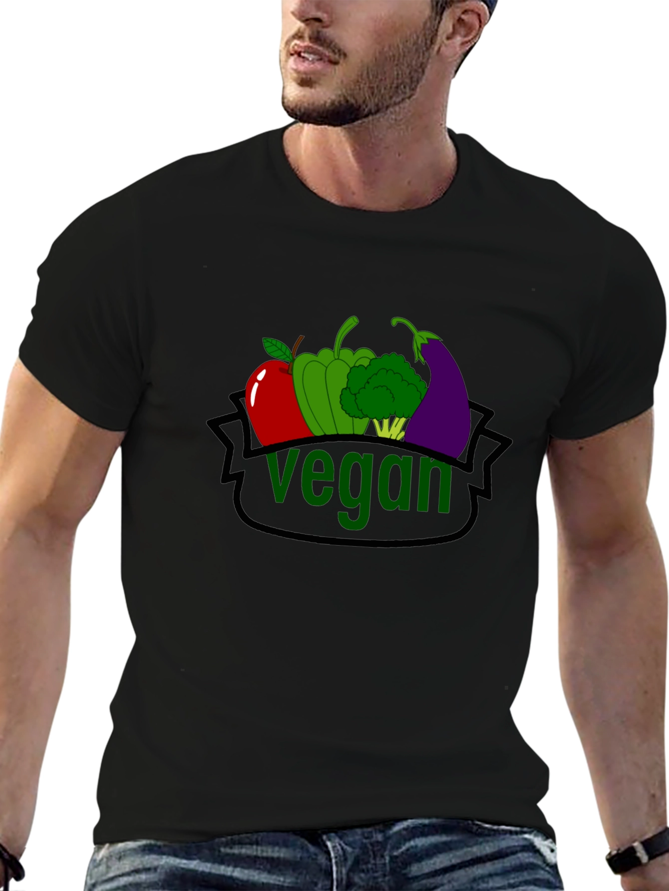 Black Vegan T-Shirt with Fruit & Vegetable Design view 6