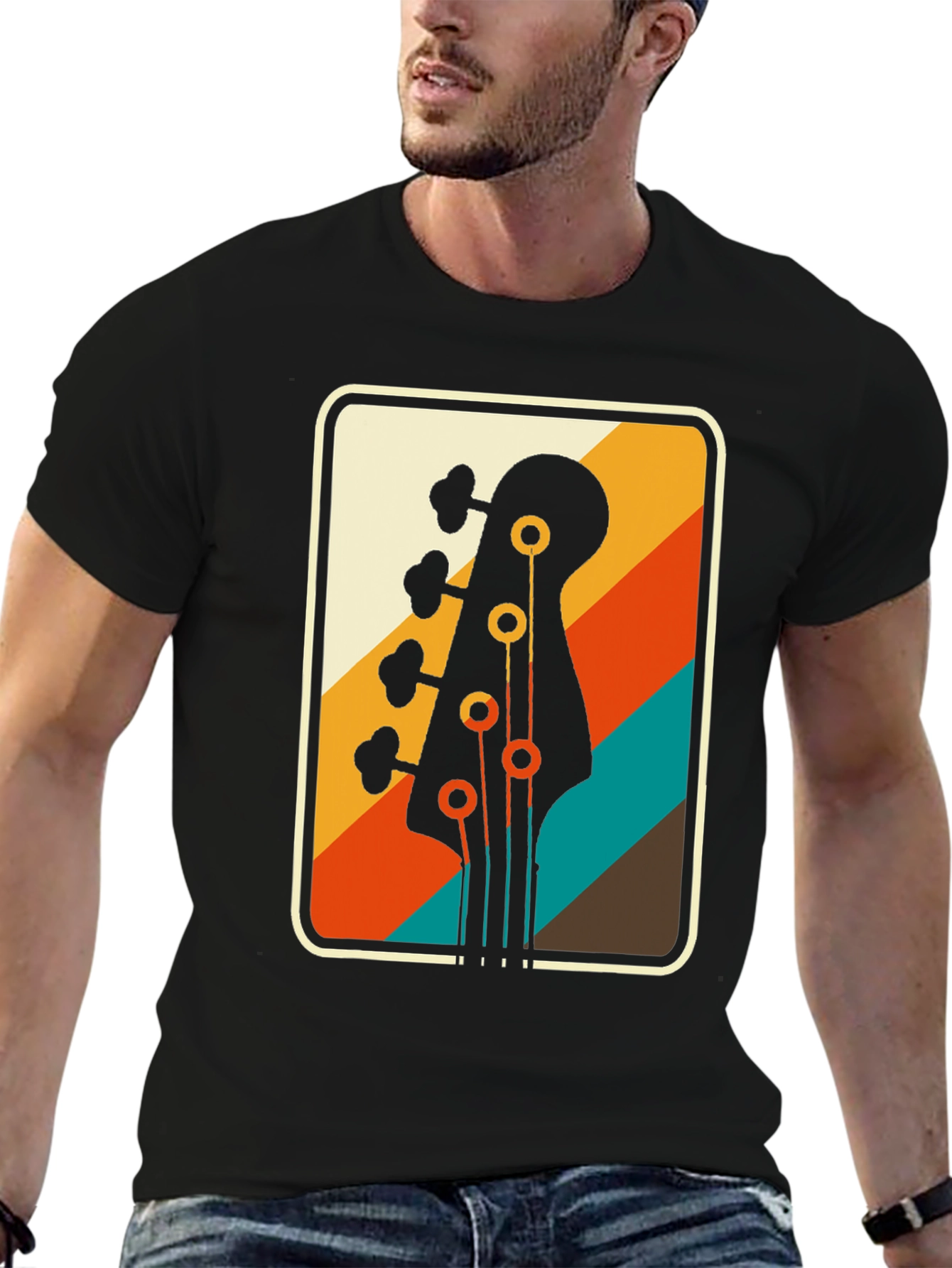 Black Retro Bass Guitar Tee - Vintage Music Lover T-Shirt view 6