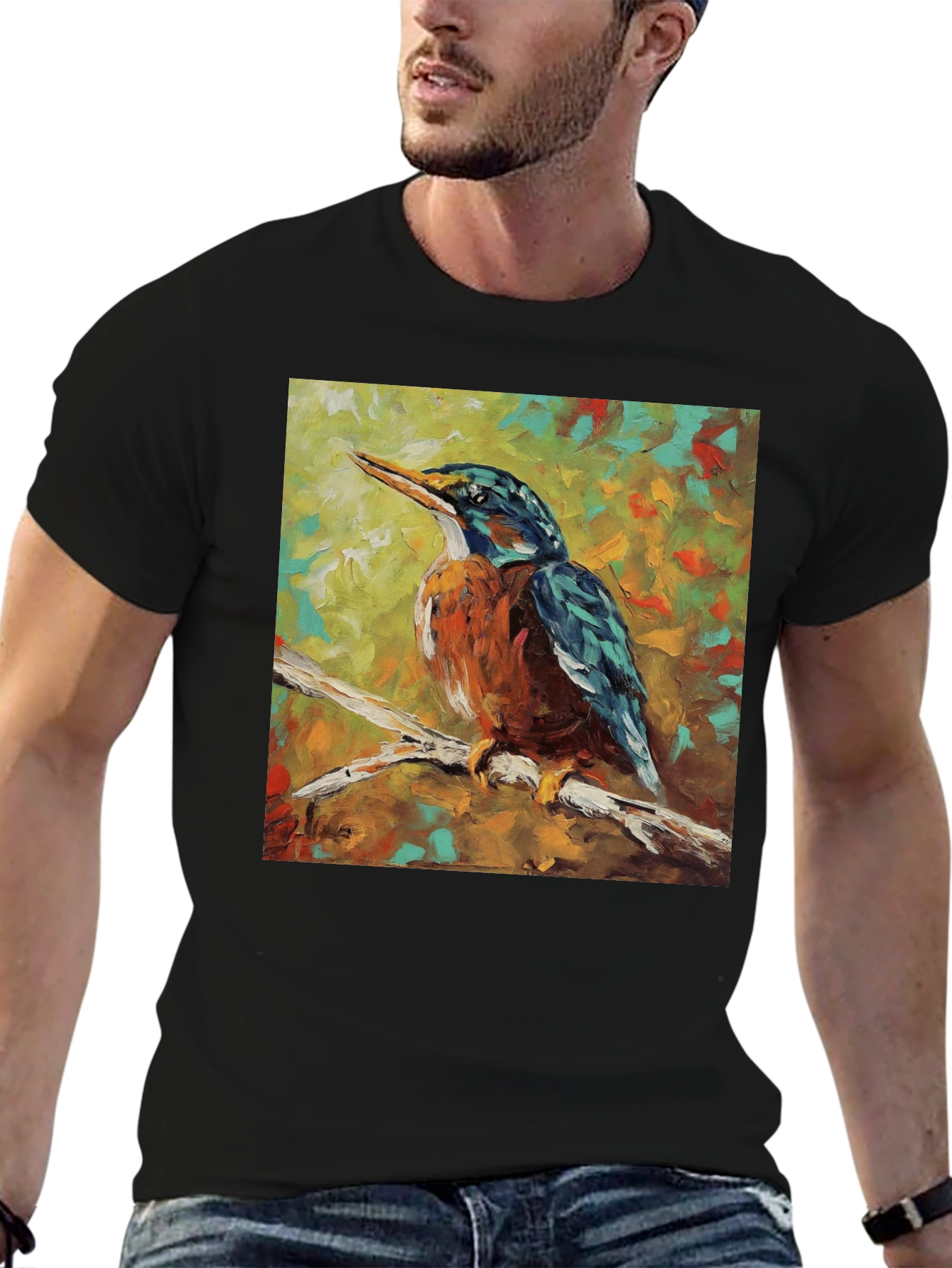 Black Kingfisher Bird Art T-Shirt view 6
