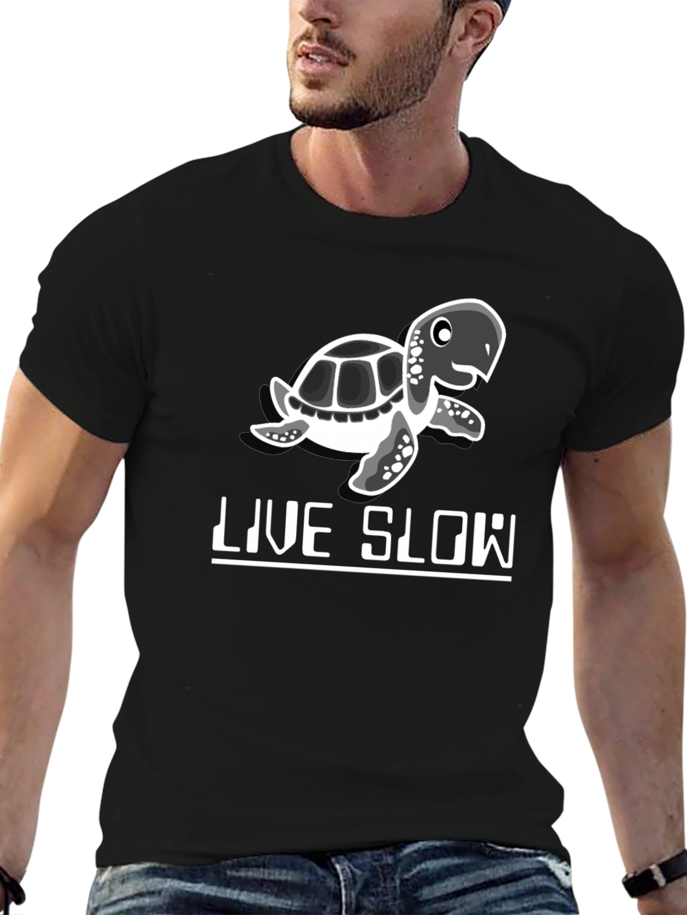 Live Slow Turtle Graphic Tee - Black Cotton Shirt - 6