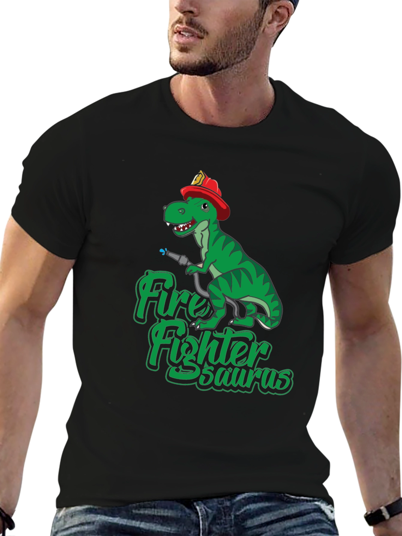 Black Firefighter Dinosaur T-Shirt - Dino Fireman Tee view 6