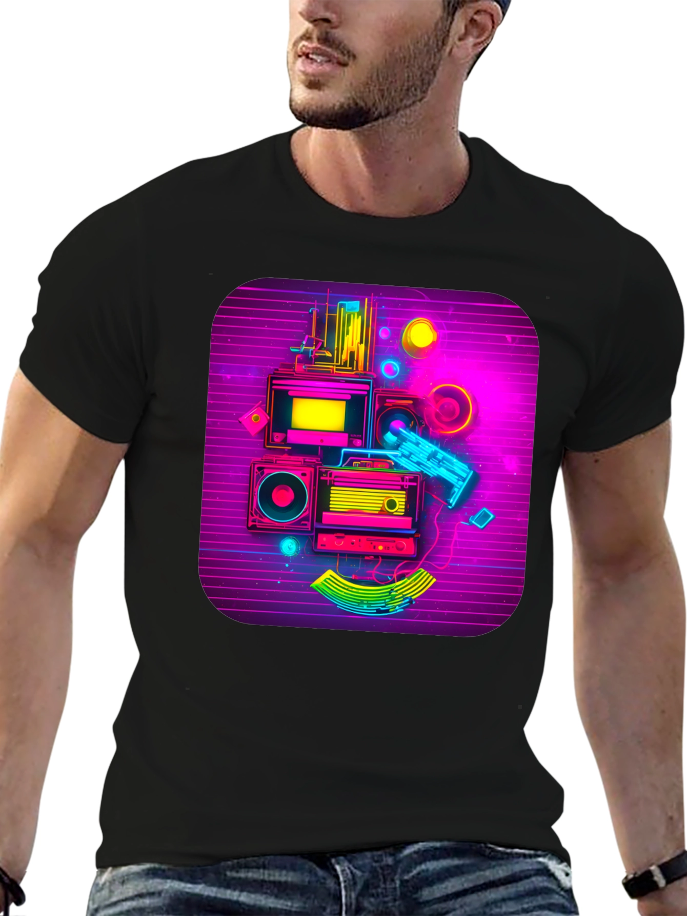 Black Retro Synthwave Music Graphic Tee view 6