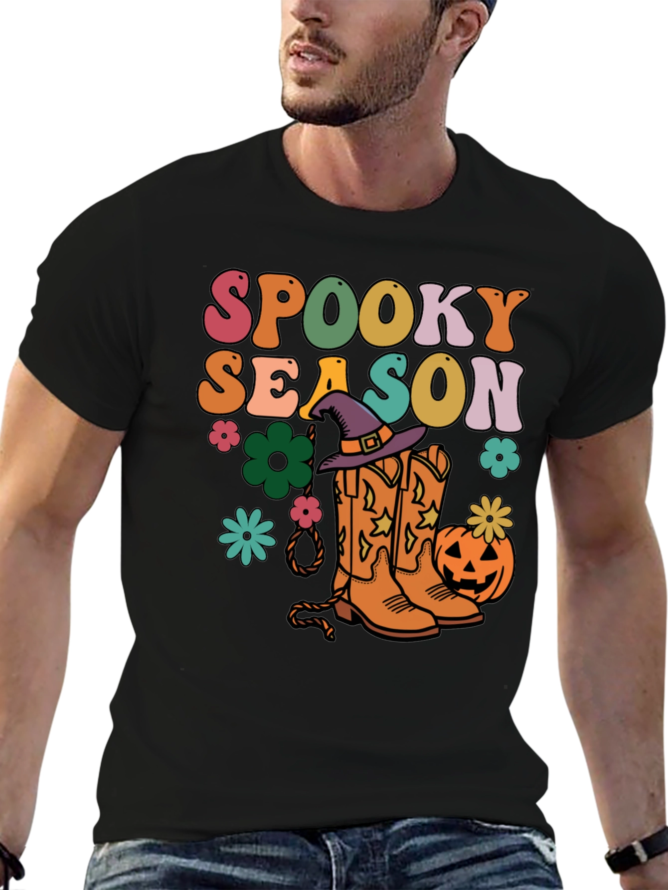 Black Spooky Season Retro Halloween T-Shirt view 6