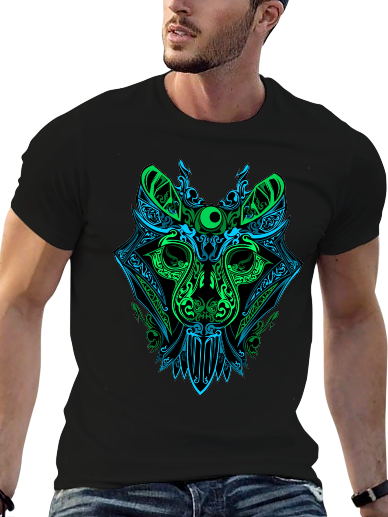Black Neon Wolf Graphic Tee - Men's Black T-Shirt view 6