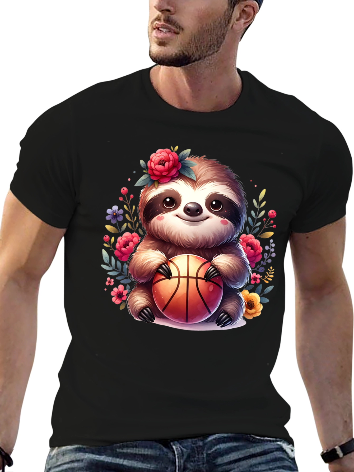 Black Sloth Basketball T-Shirt - Floral Cute Design view 6