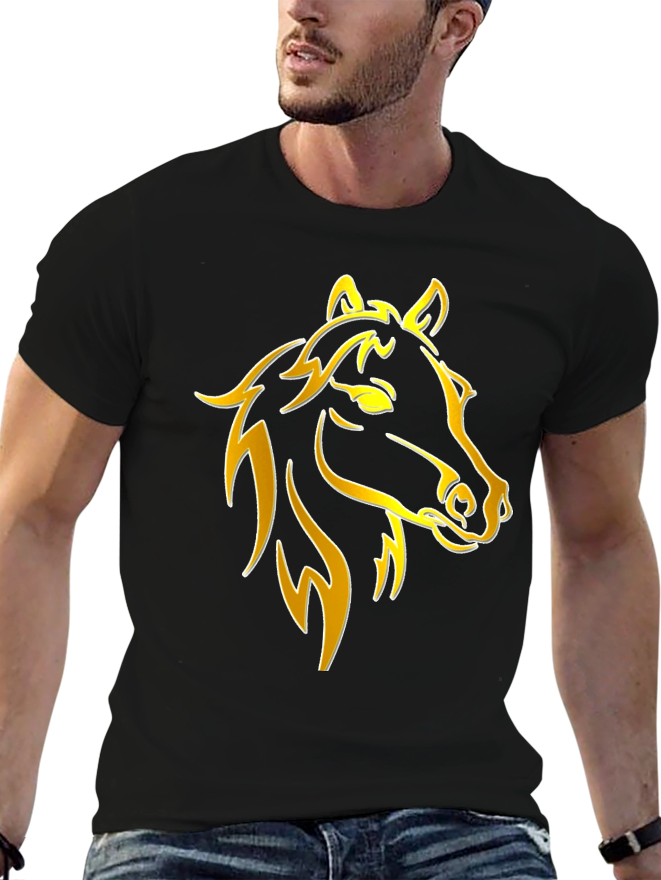 Black Golden Horse Graphic Tee - Stylish Black T-Shirt view 6