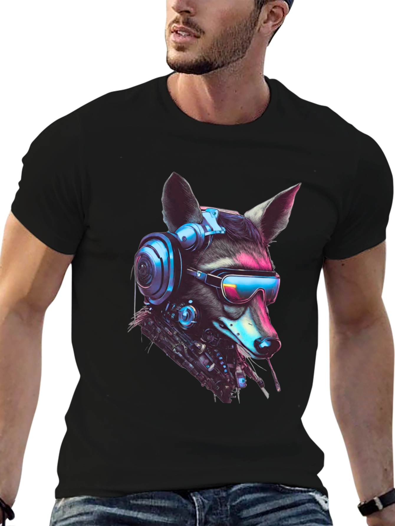 Black Cyberpunk Raccoon Graphic Tee - Futuristic Style view 6