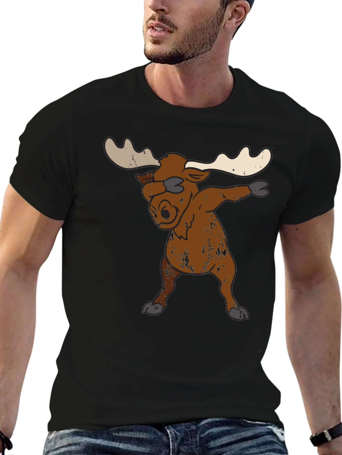 Black Dabbing Moose Graphic Tee - Unique Animal T-Shirt view 6