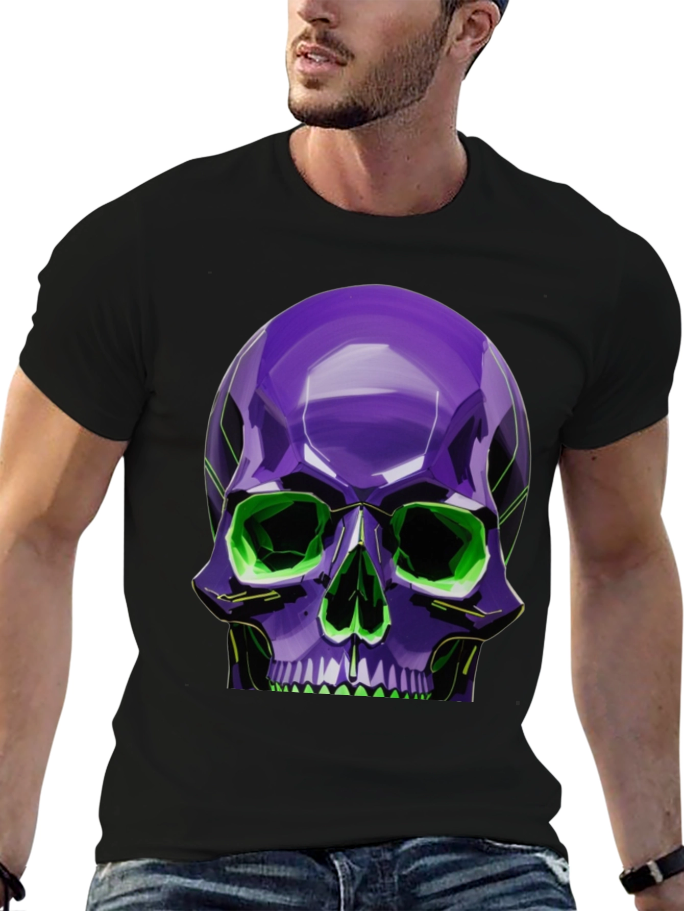 Black Neon Skull Graphic Tee - Stylish, Bold Design view 6
