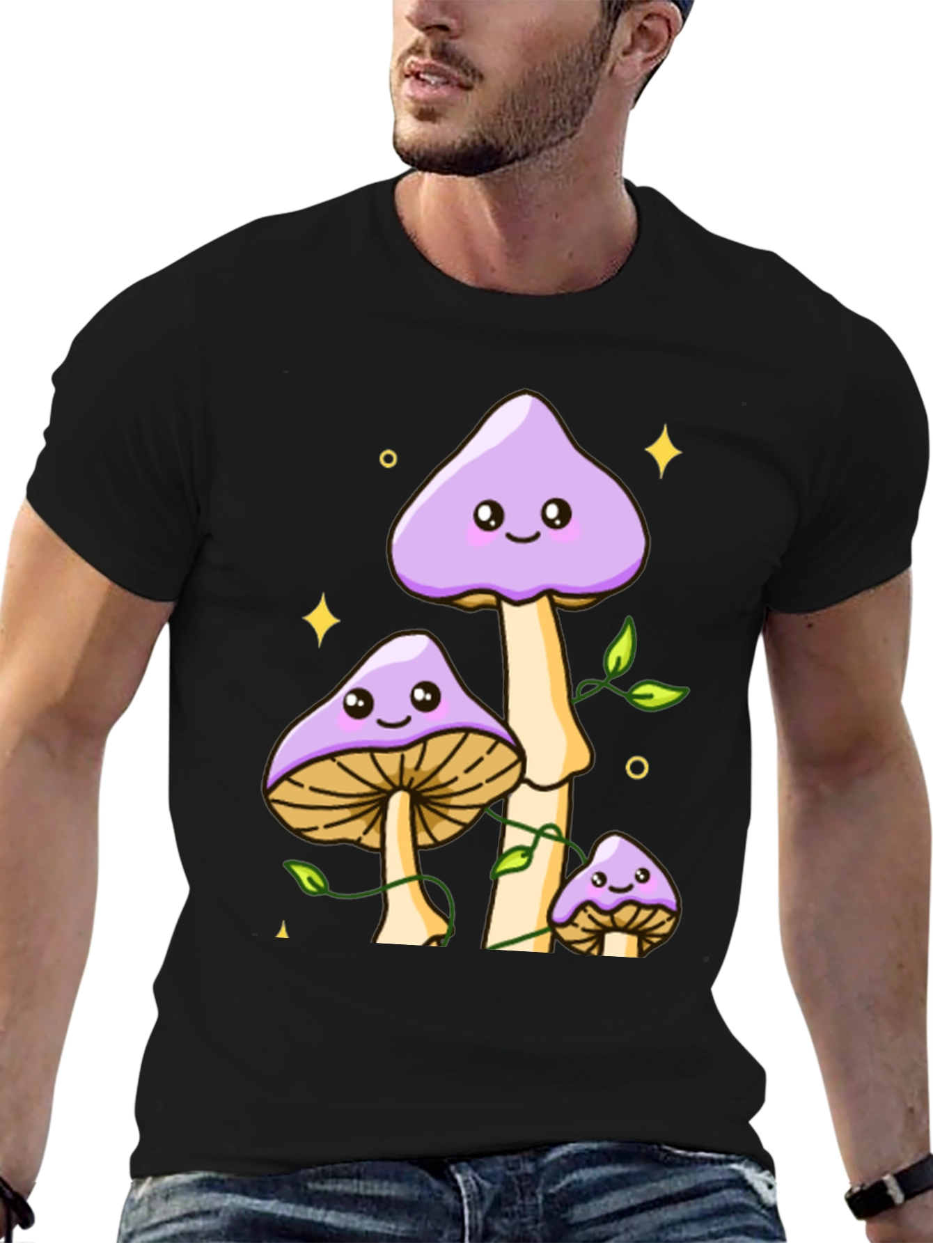 Black Cute Mushroom Graphic Tee - Black Cotton Shirt view 6