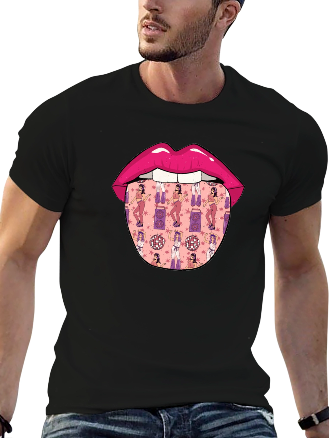 Black Novelty Lips Tongue Disco Pattern T-Shirt view 6