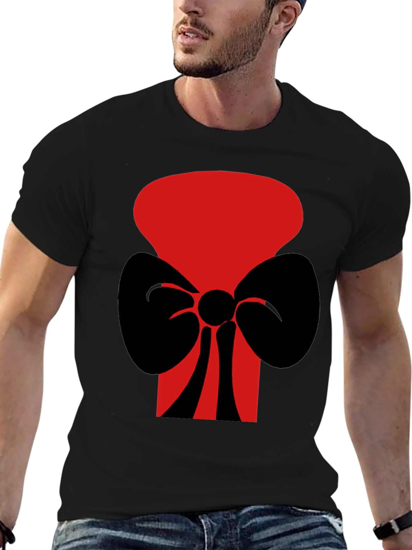 Black Bold Graphic Tee: Red Top Hat with Black Bow Tie view 6