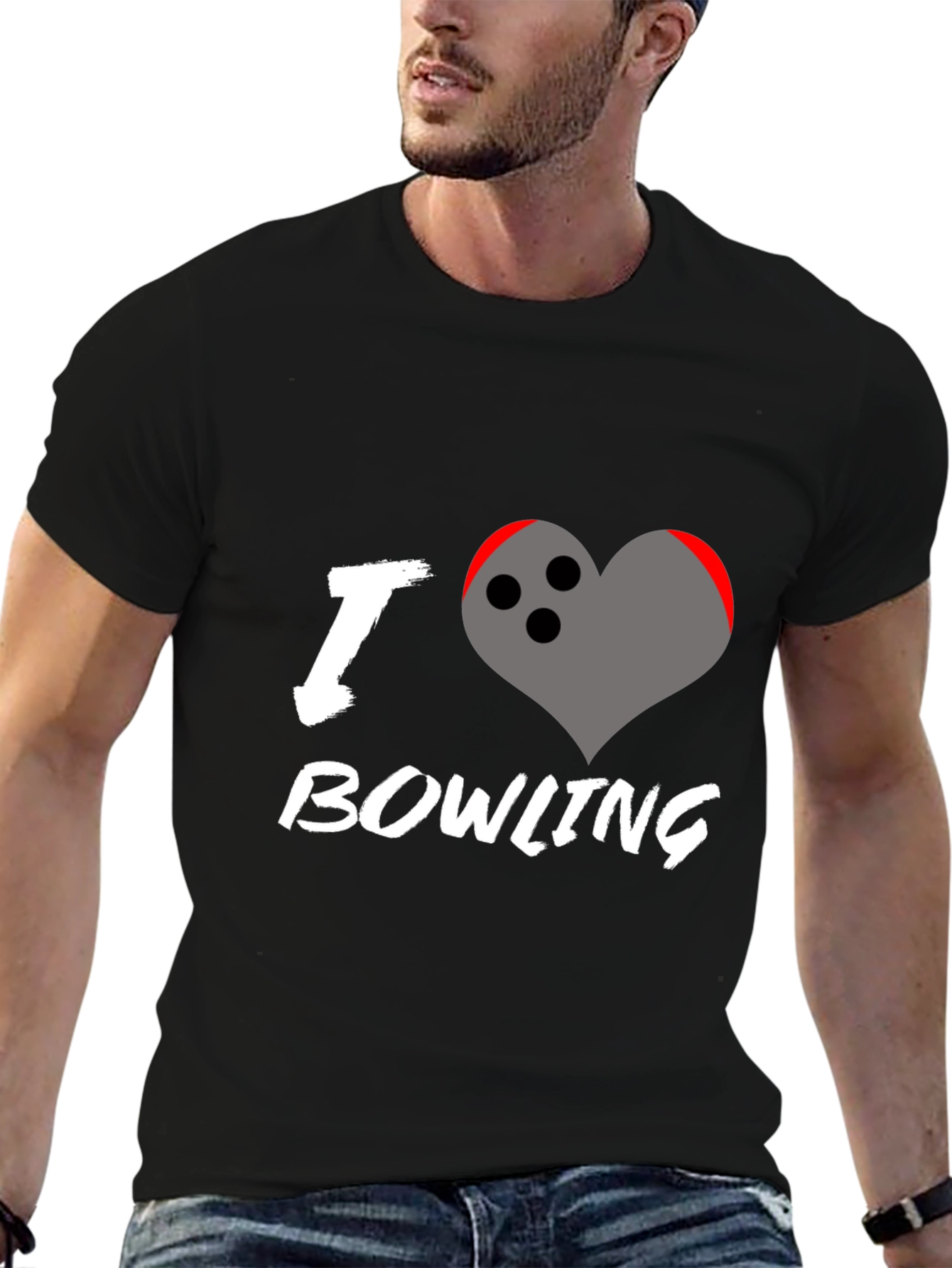 Black I Love Bowling T-Shirt - Heart Bowling Ball Graphic view 6