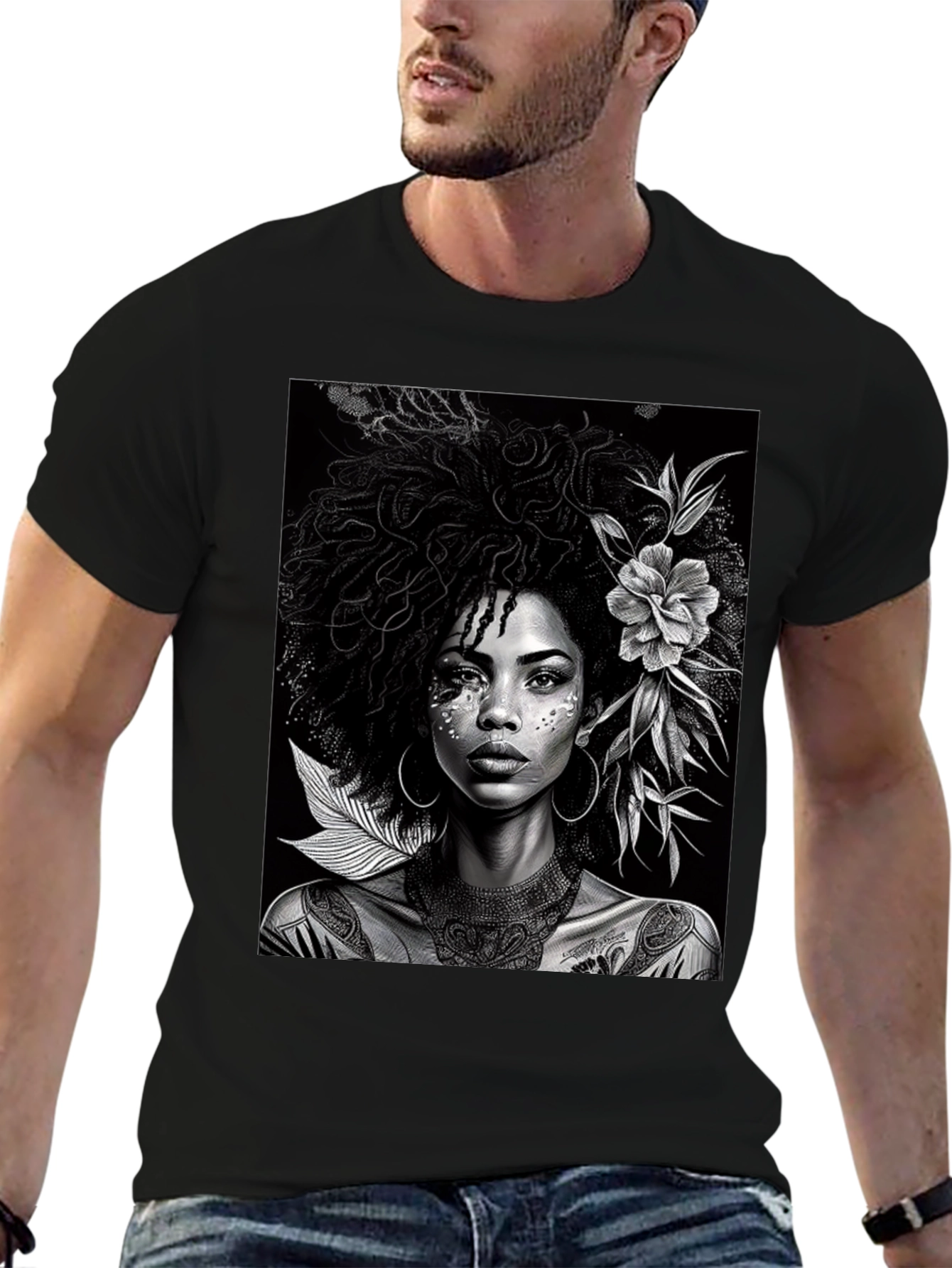 Black Woman Portrait Graphic Tee - Elegant Black T-Shirt view 6