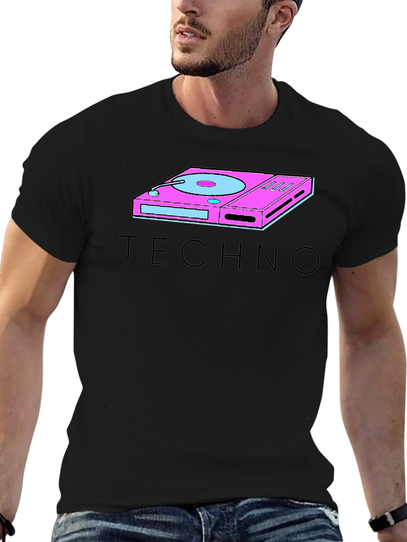 Black Retro Techno Turntable Graphic T-Shirt view 6