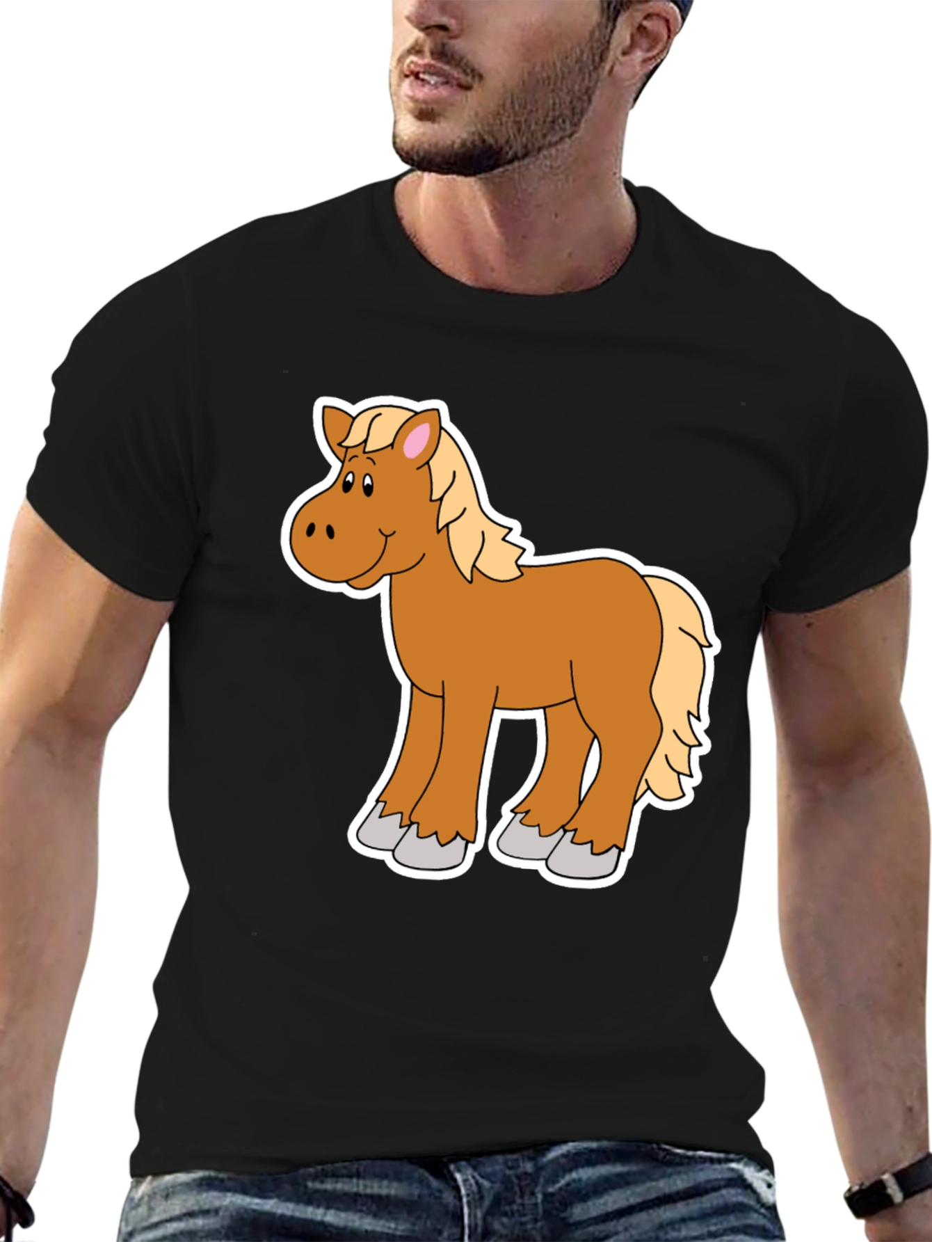 Black Cartoon Horse Graphic Tee - Black Unisex Shirt view 6