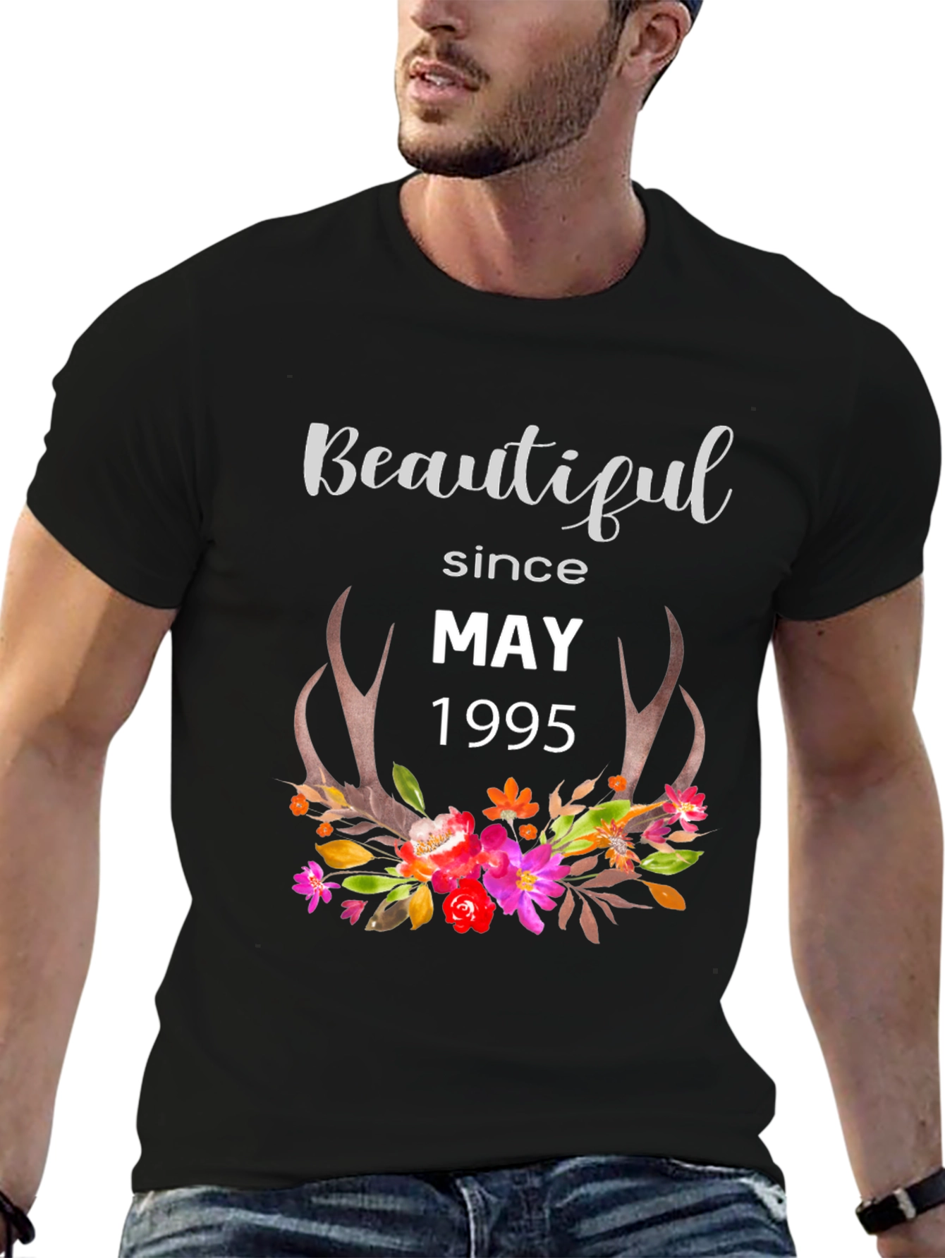 Black Beautiful Since May 1995 T-Shirt, Floral Deer Antlers view 6