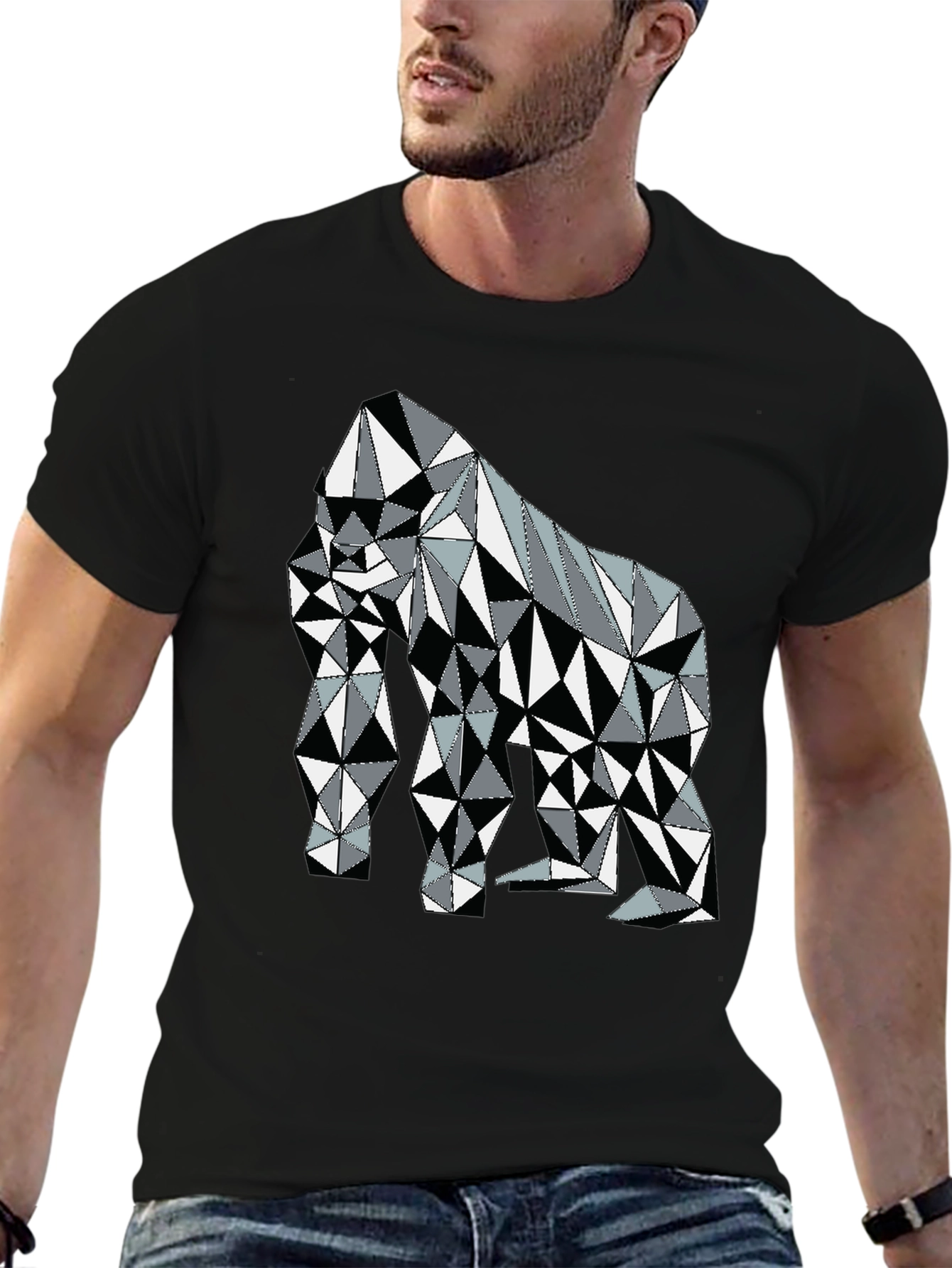 Black Geometric Gorilla Graphic Tee - Modern Animal Print Shirt view 6