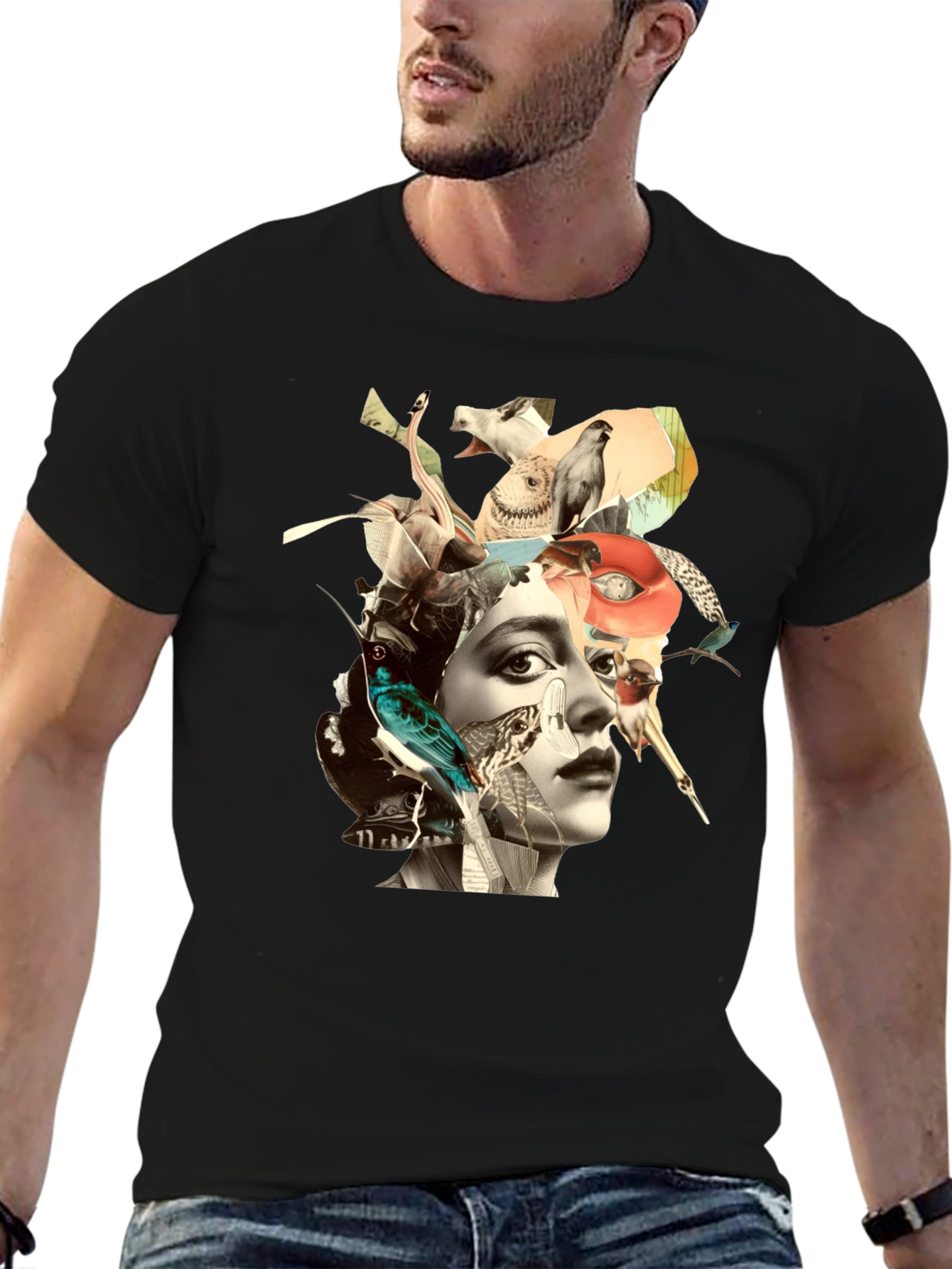 Black Artistic Collage Graphic Tee - Unisex Black T-Shirt view 6