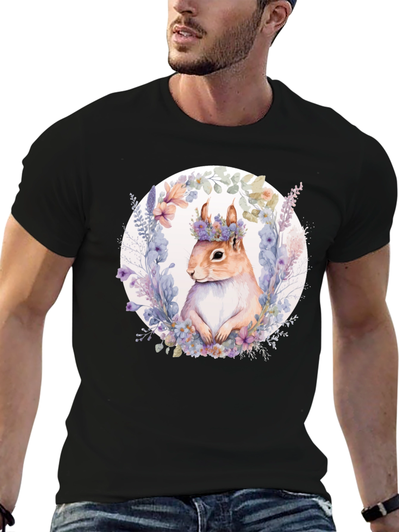 Black Squirrel Floral Wreath Black T-Shirt view 6