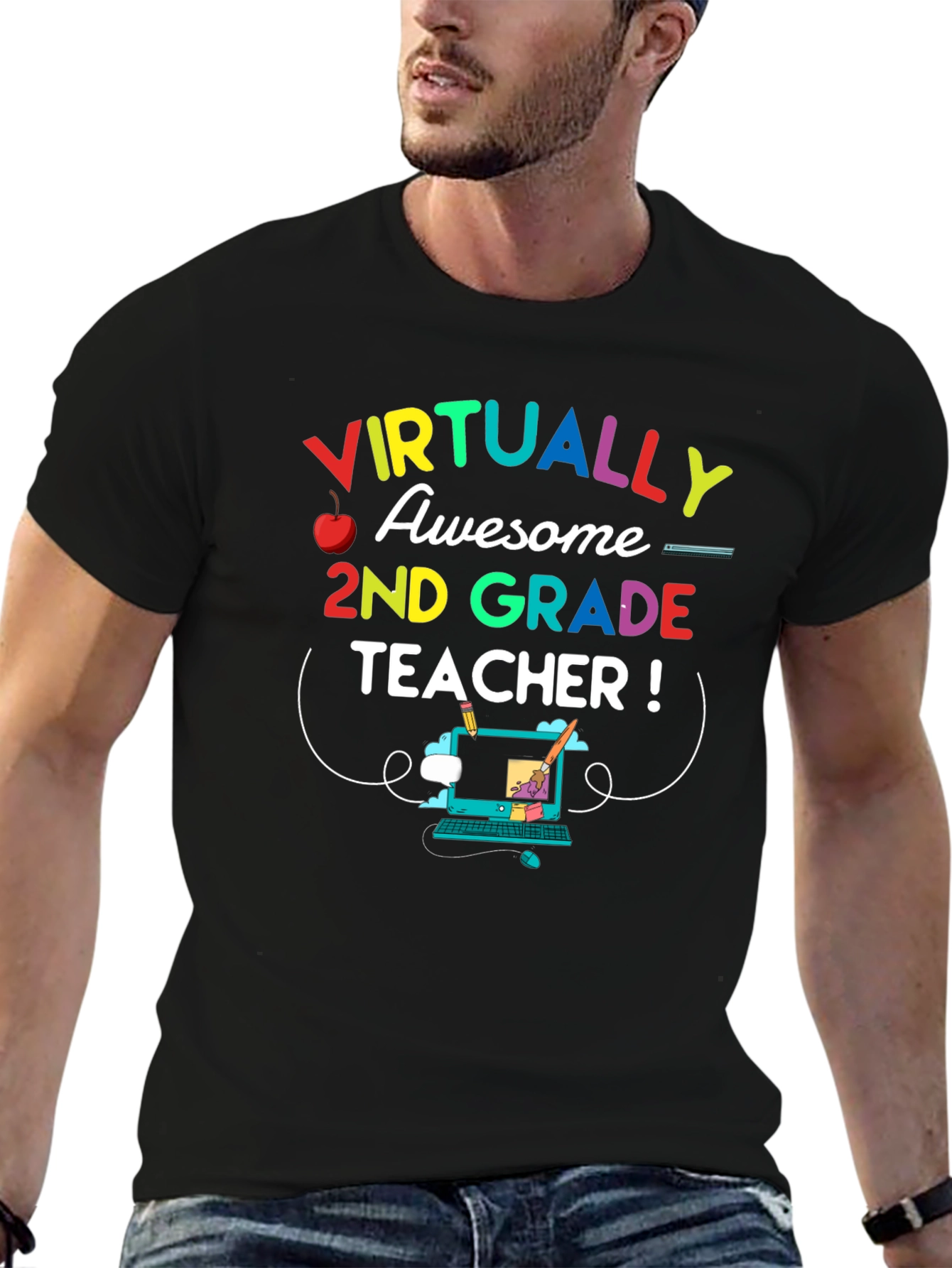 Black Virtually Awesome 2nd Grade Teacher T-Shirt view 6