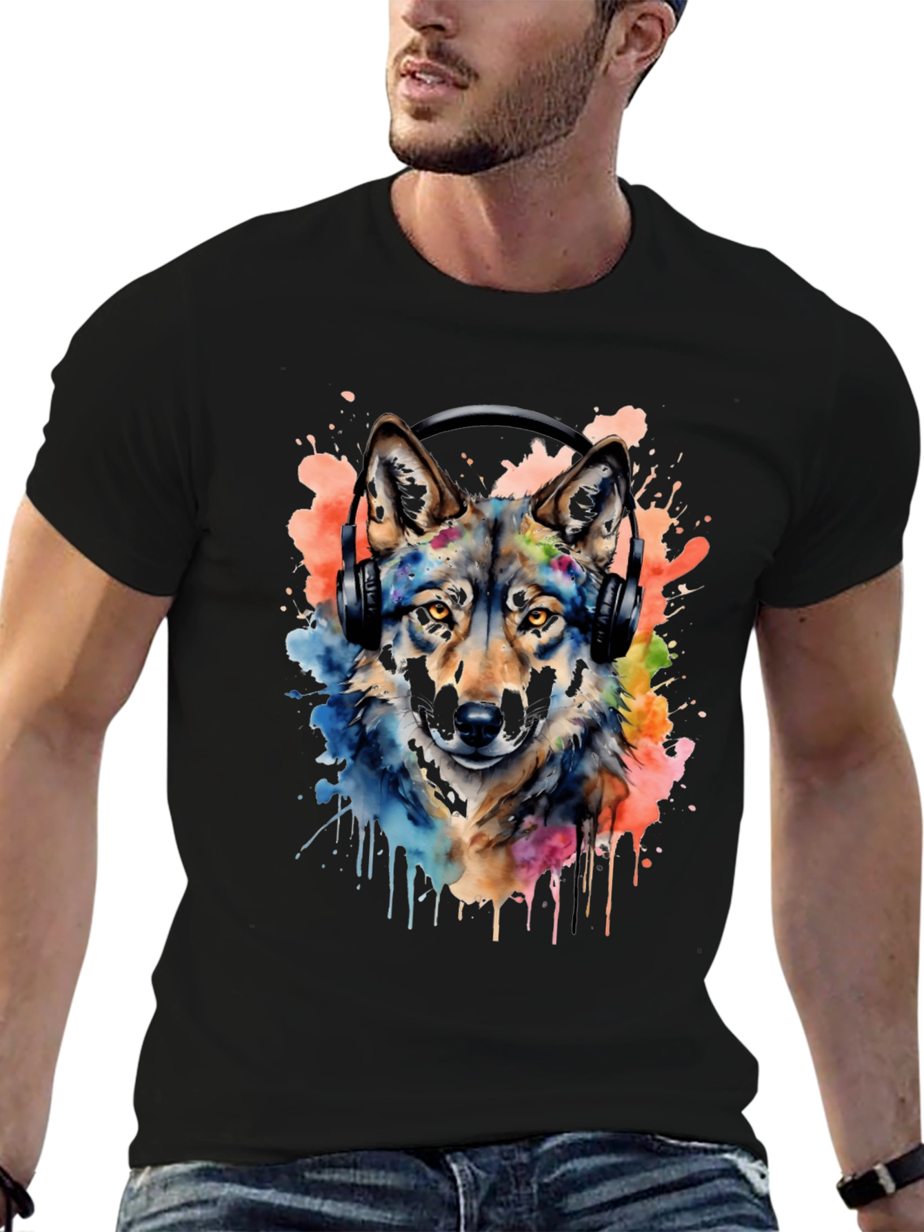 Black Wolf Headphone Graphic T-Shirt view 6