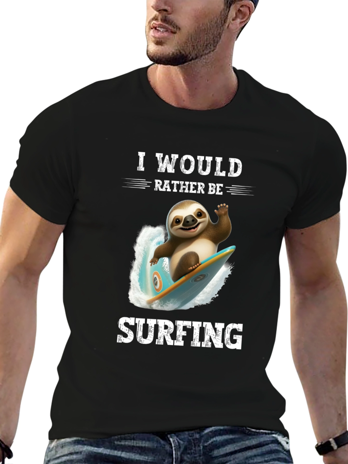 Black Surfing Sloth Graphic T-Shirt - Relaxed Fit view 6