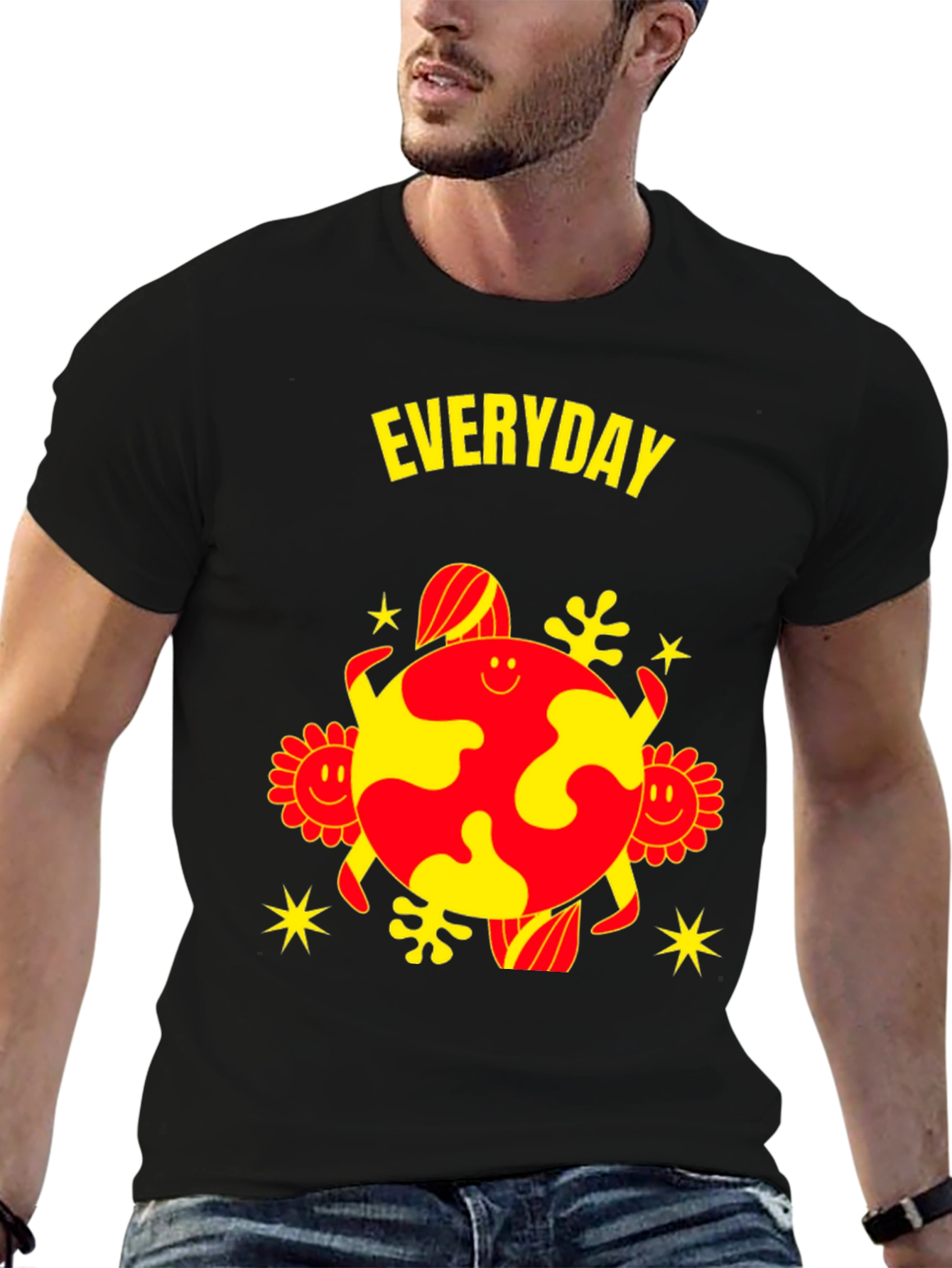 Black Everyday Graphic Tee - Unique Yellow & Red Design view 6