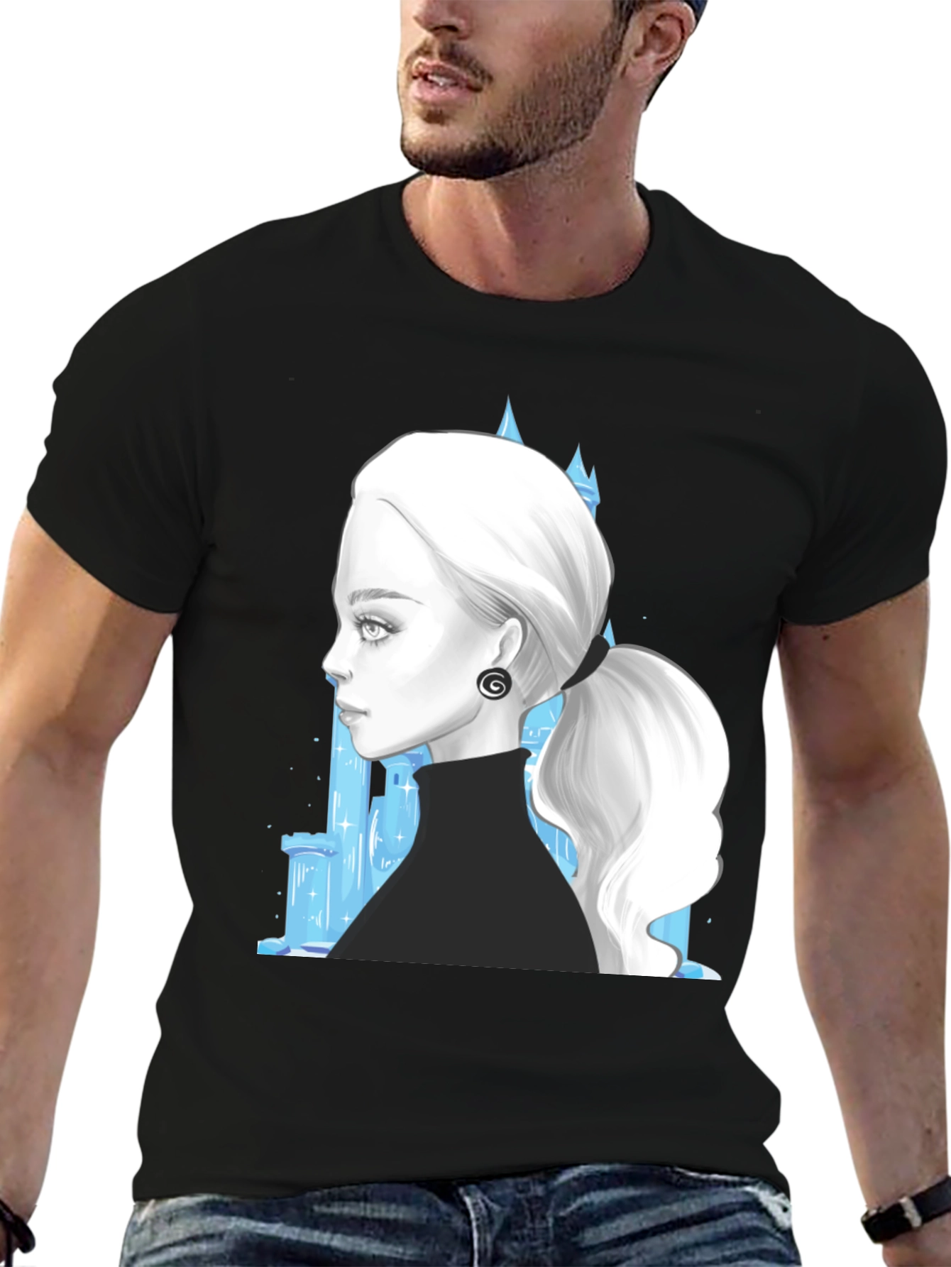 Black Elegant Woman & Ice Castle Graphic Black T-Shirt view 6