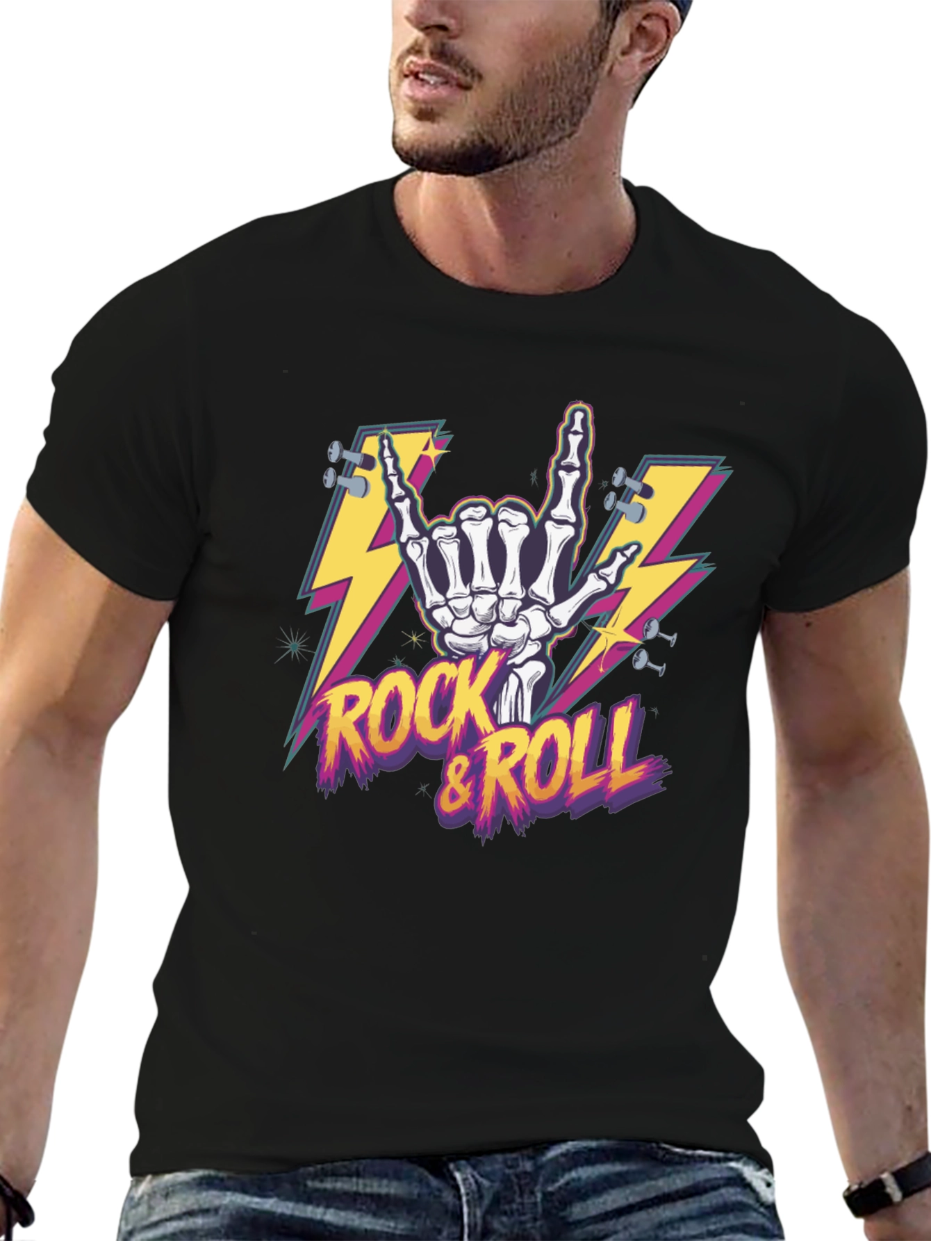 Black Rock & Roll Skeleton Hand Graphic T-Shirt view 6