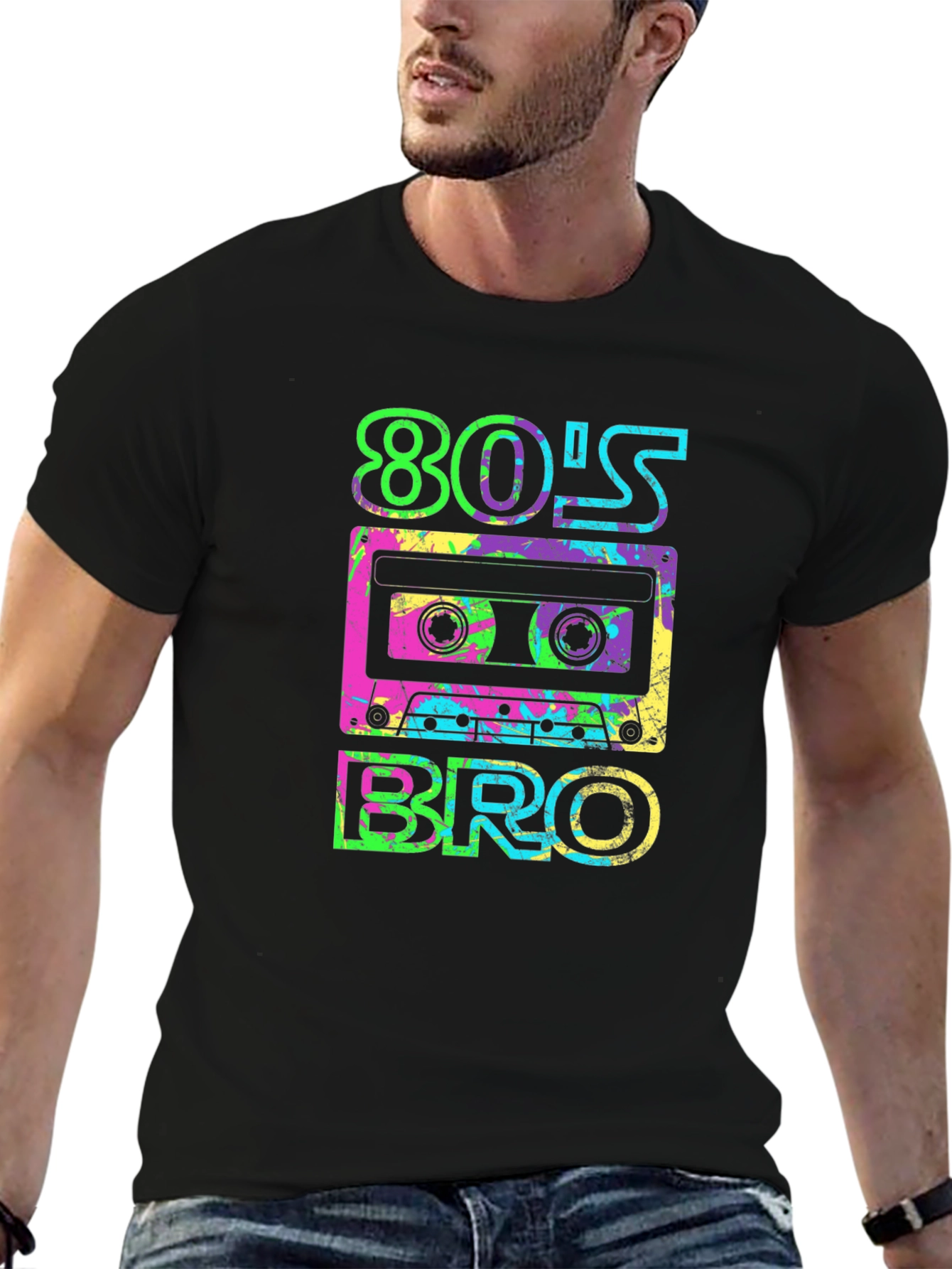 Black Retro 80's Bro T-Shirt - Cassette Design view 6