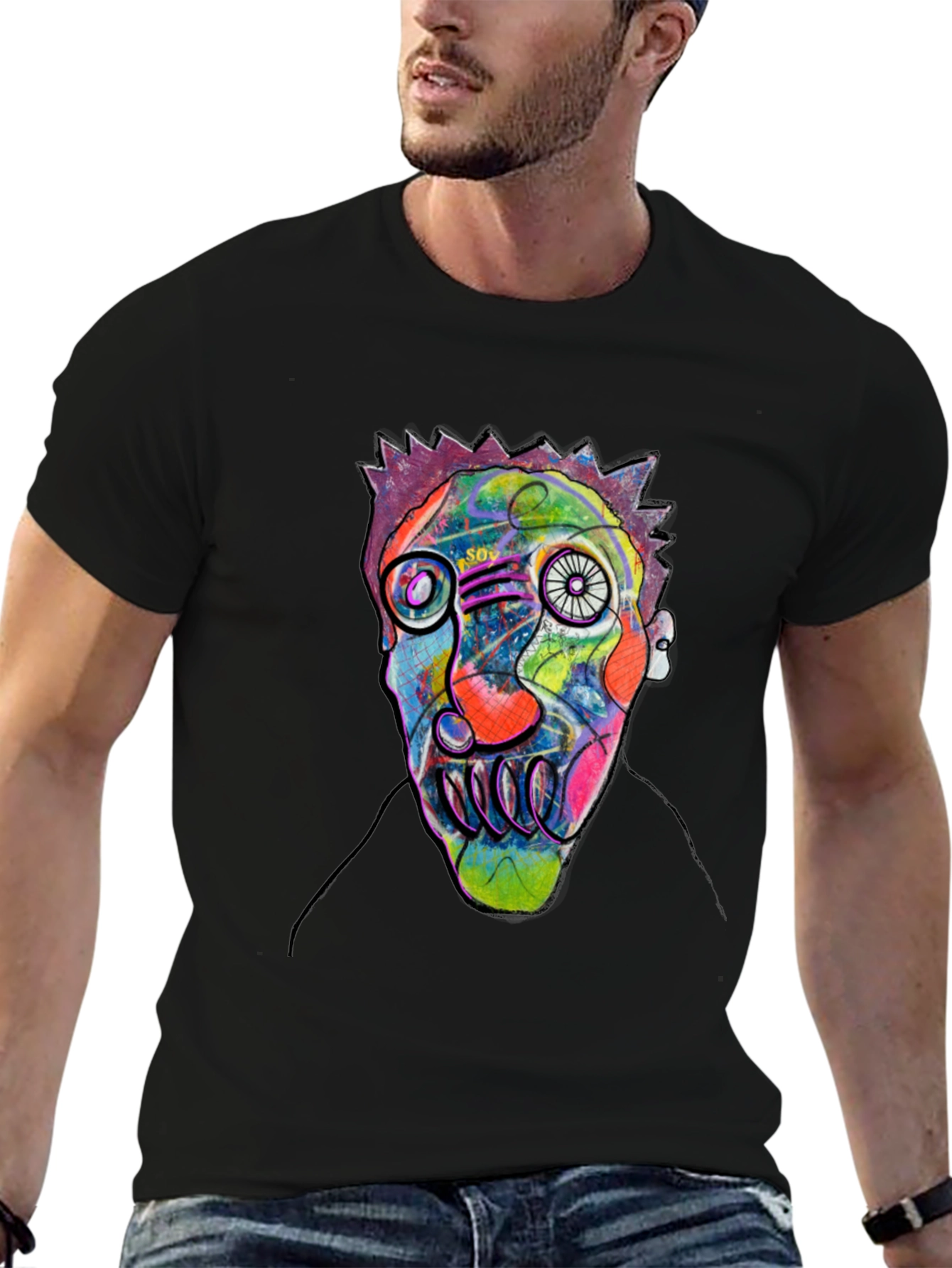 Black Abstract Face Art Black T-Shirt view 6