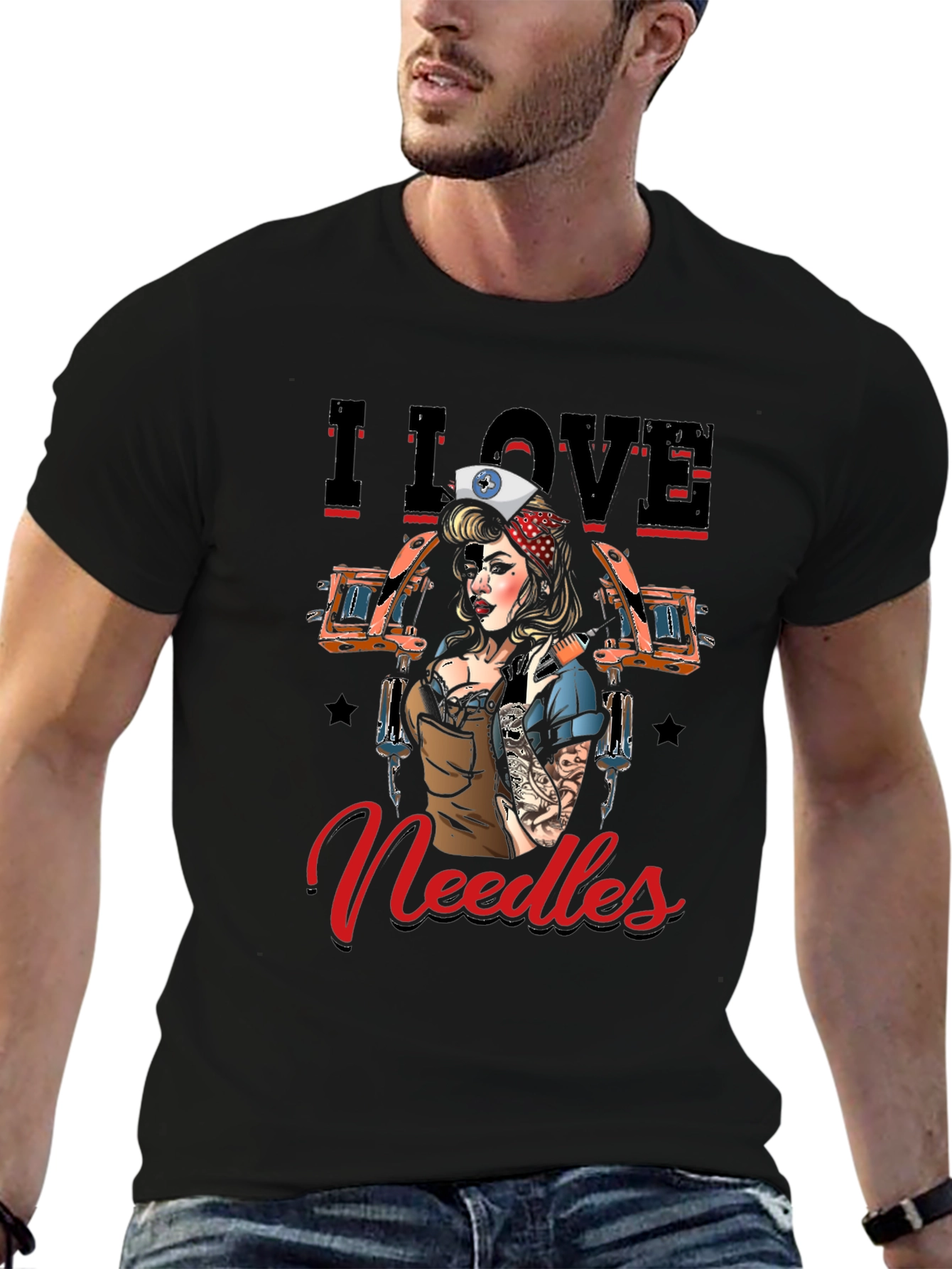 Black I Love Needles Tattoo Artist T-Shirt view 6