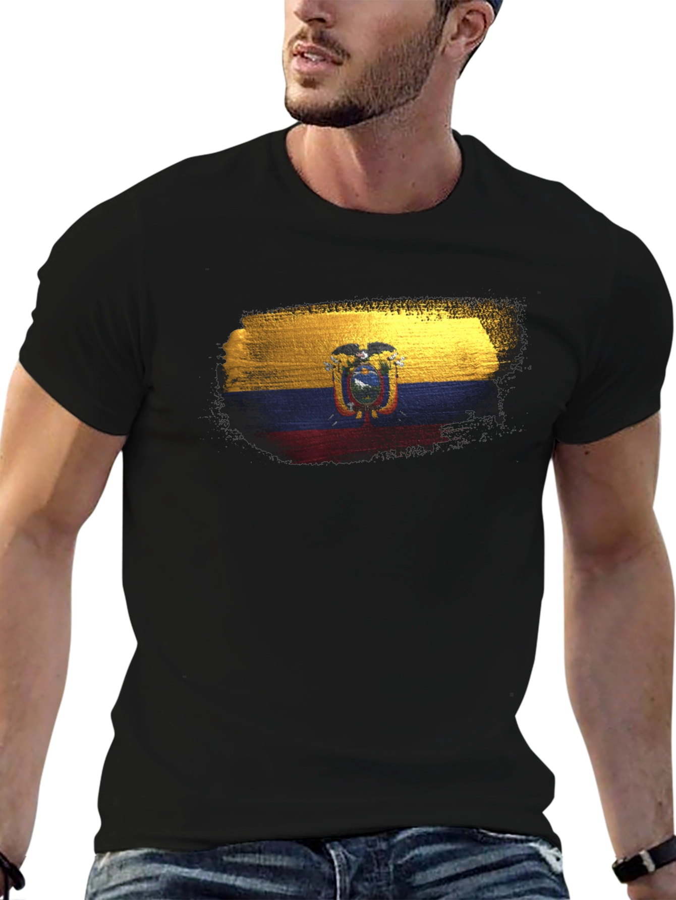 Black Ecuador Flag T-Shirt - Black Crew Neck Tee view 6