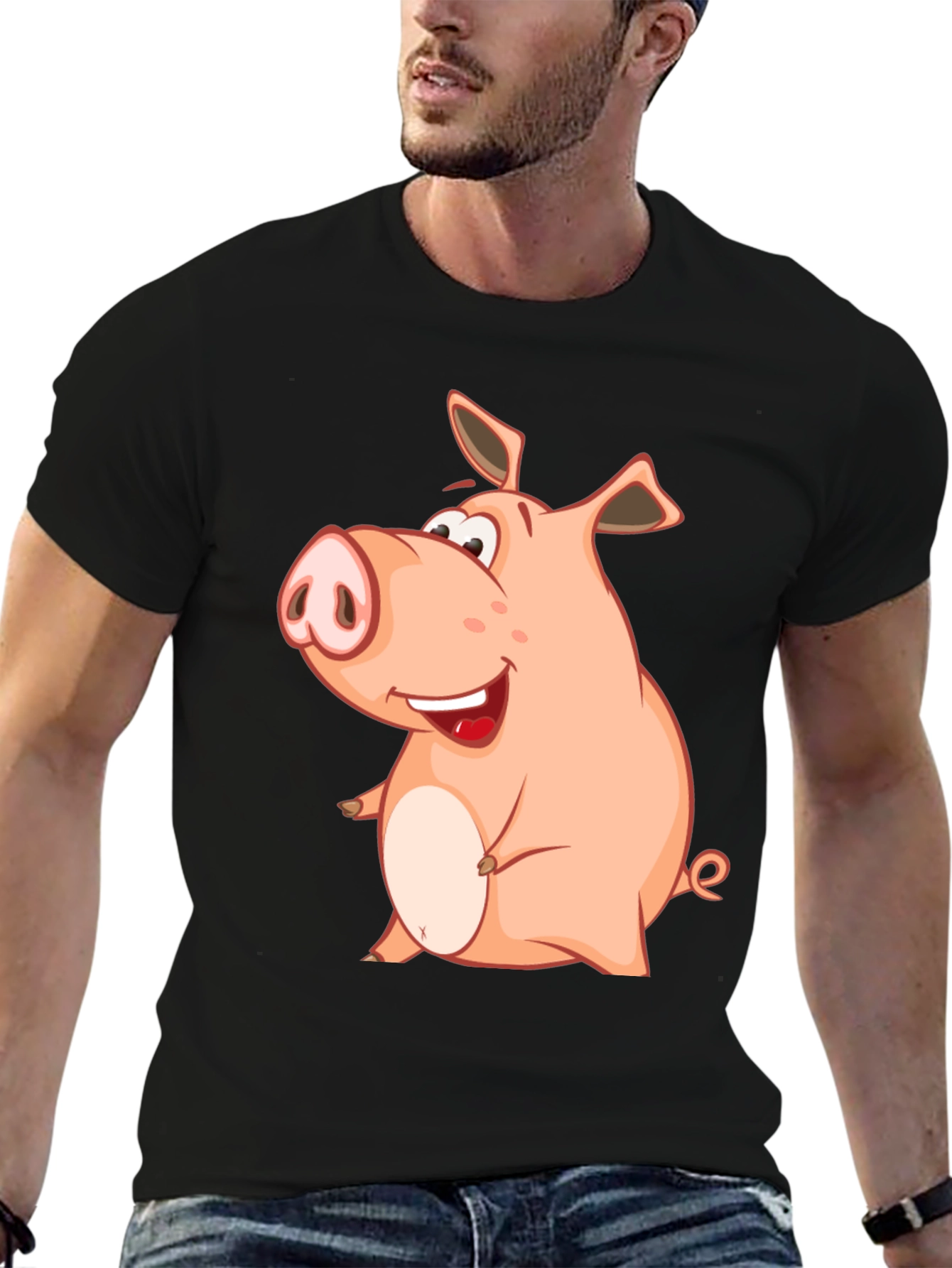 Black Funny Pig Cartoon Graphic Tee - Black Cotton Shirt view 6