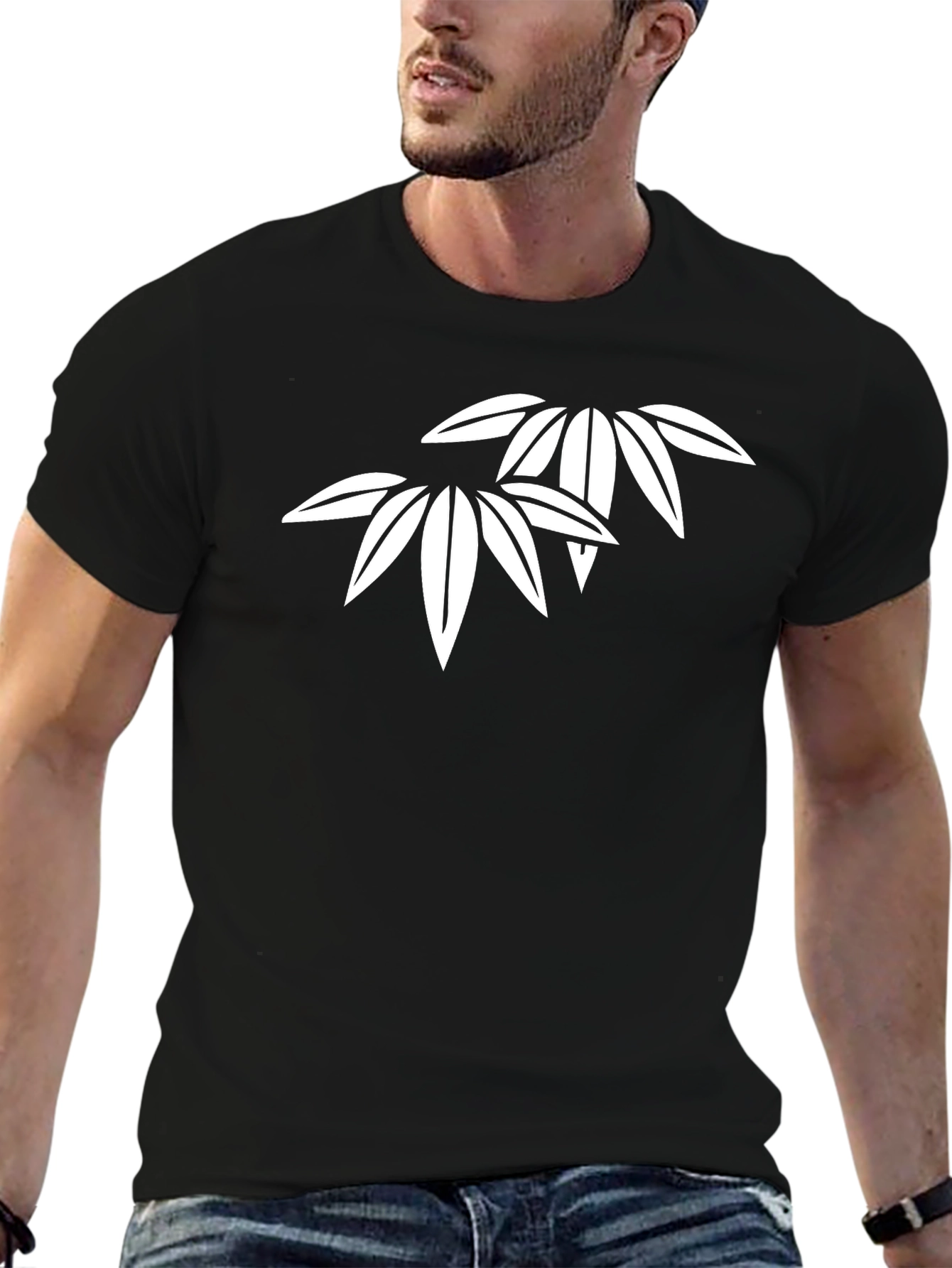 Black Minimalist Bamboo Leaf Graphic Black T-Shirt view 6