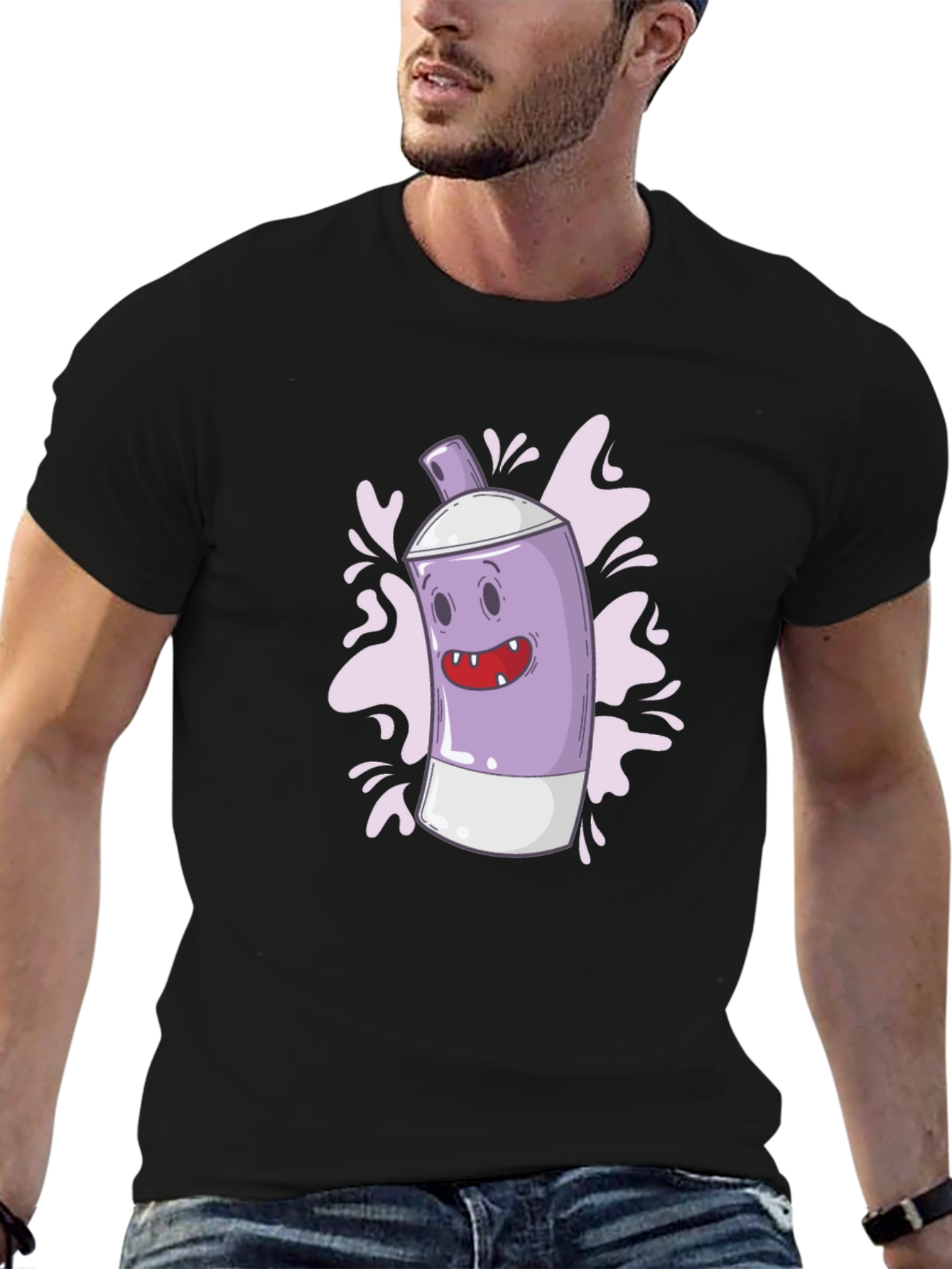 Black Funky Spray Can Graphic Tee - Cool Cartoon Design view 6