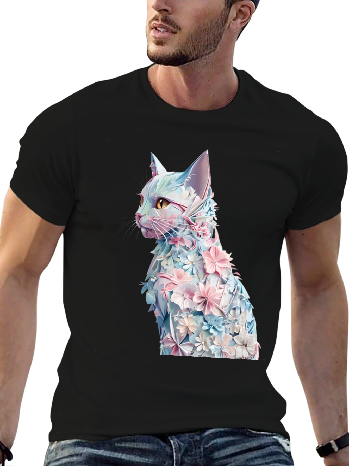Black Floral Cat Graphic Tee - Stylish Black T-Shirt view 6
