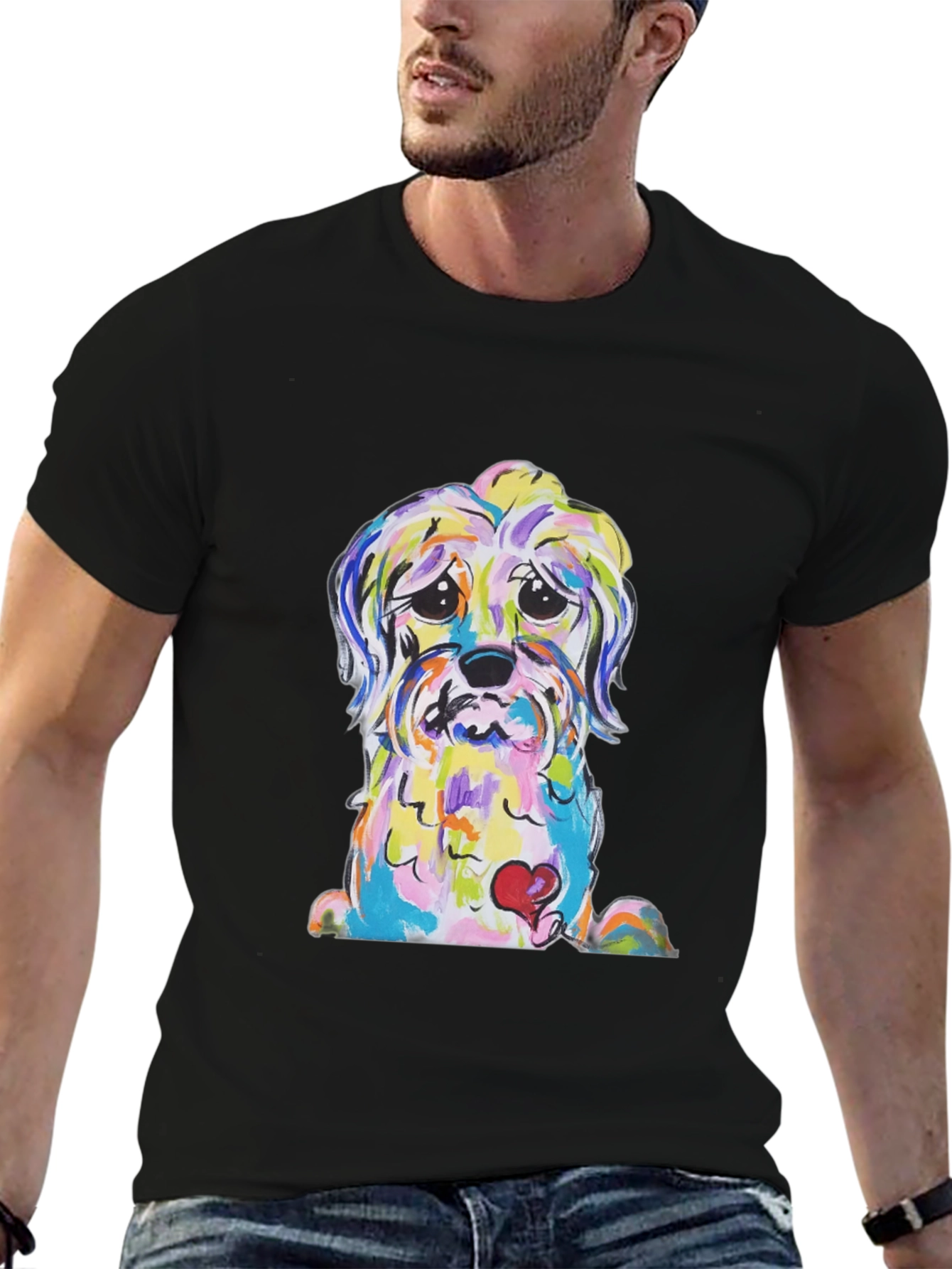 Black Dog With Heart Colorful Graphic T-Shirt view 6