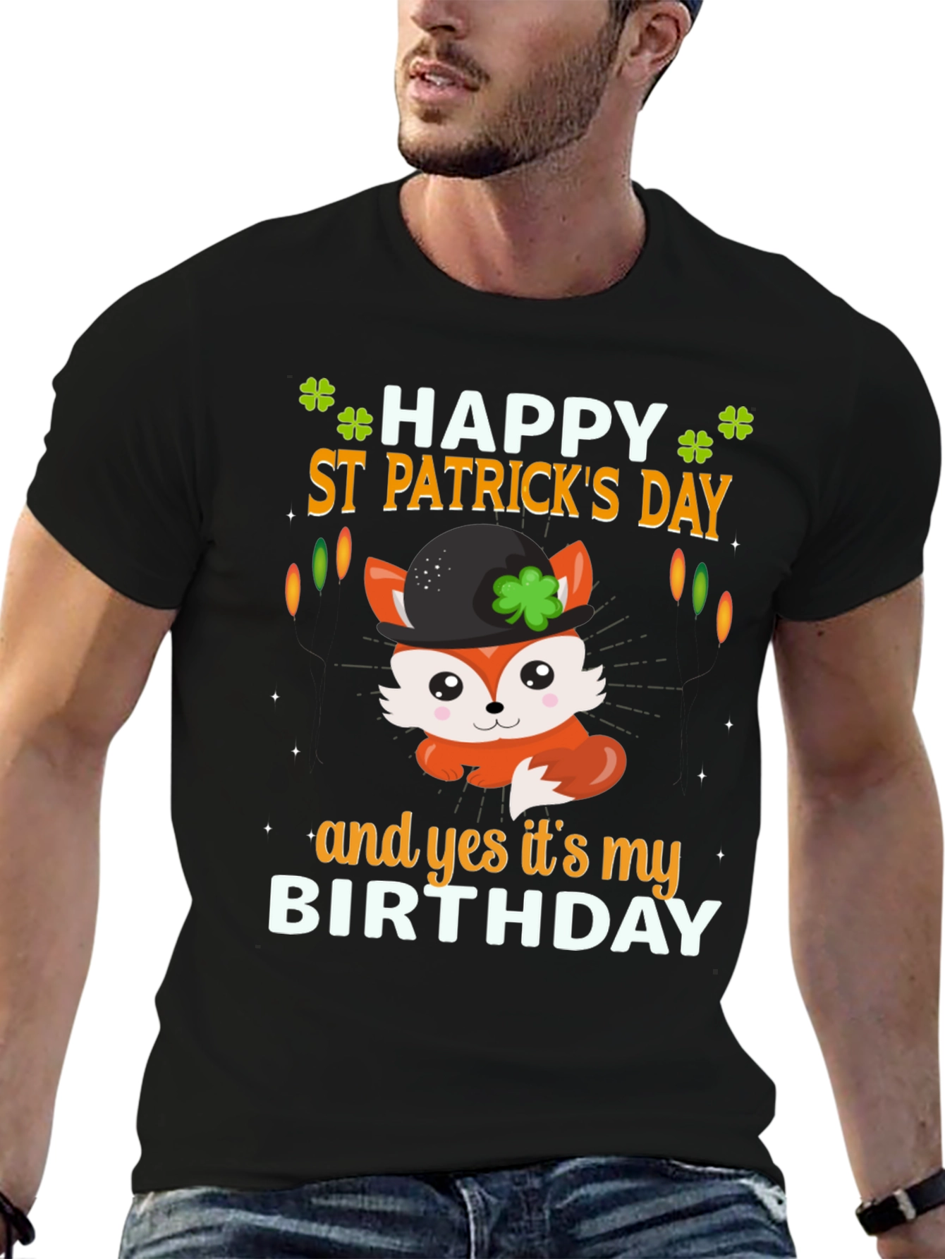 Black St. Patrick's Day Birthday Fox T-Shirt view 6