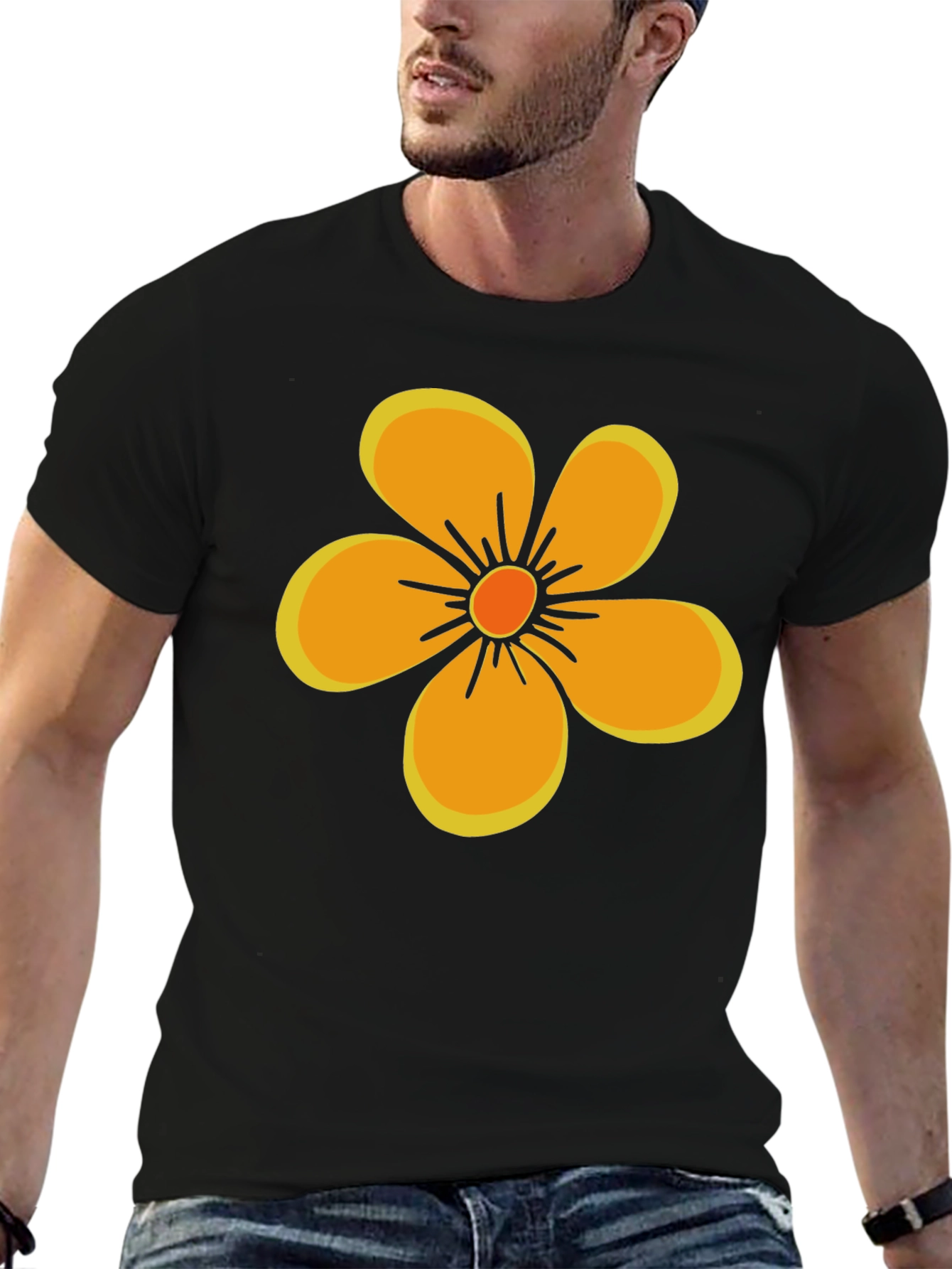 Black Black T-Shirt with Orange Flower Graphic view 6