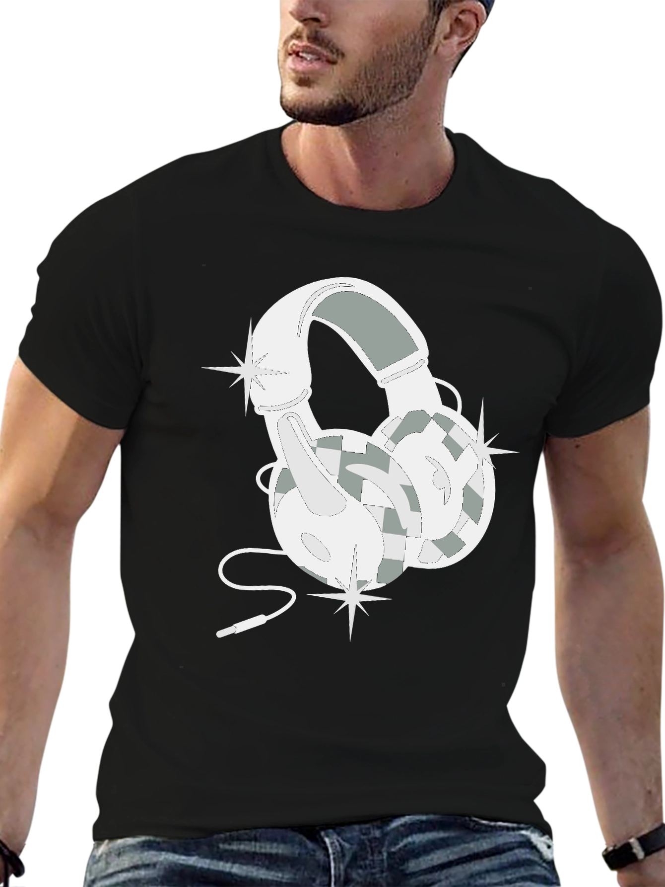 Black Stylish Headphones Graphic T-Shirt view 6
