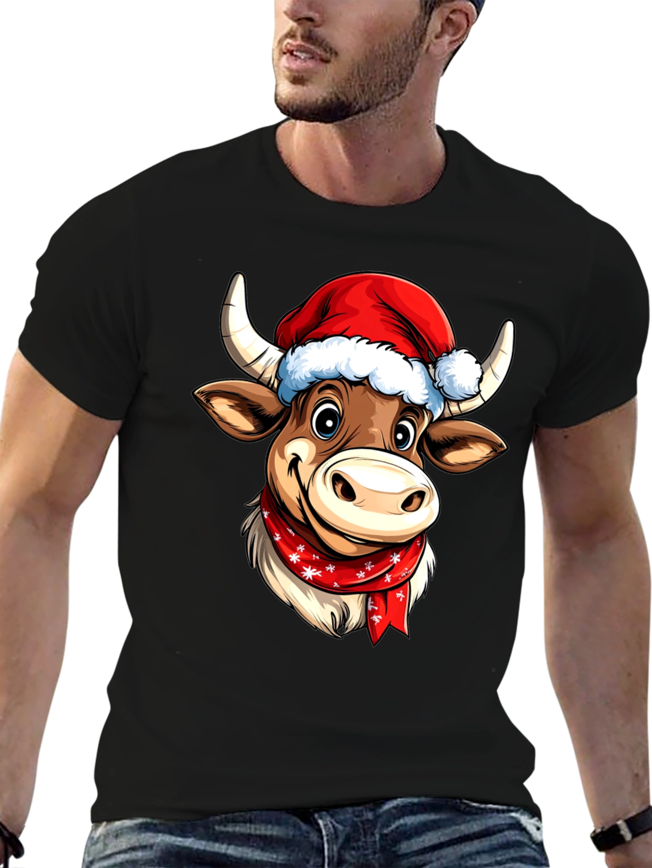 Black Festive Cartoon Cow T-Shirt view 6
