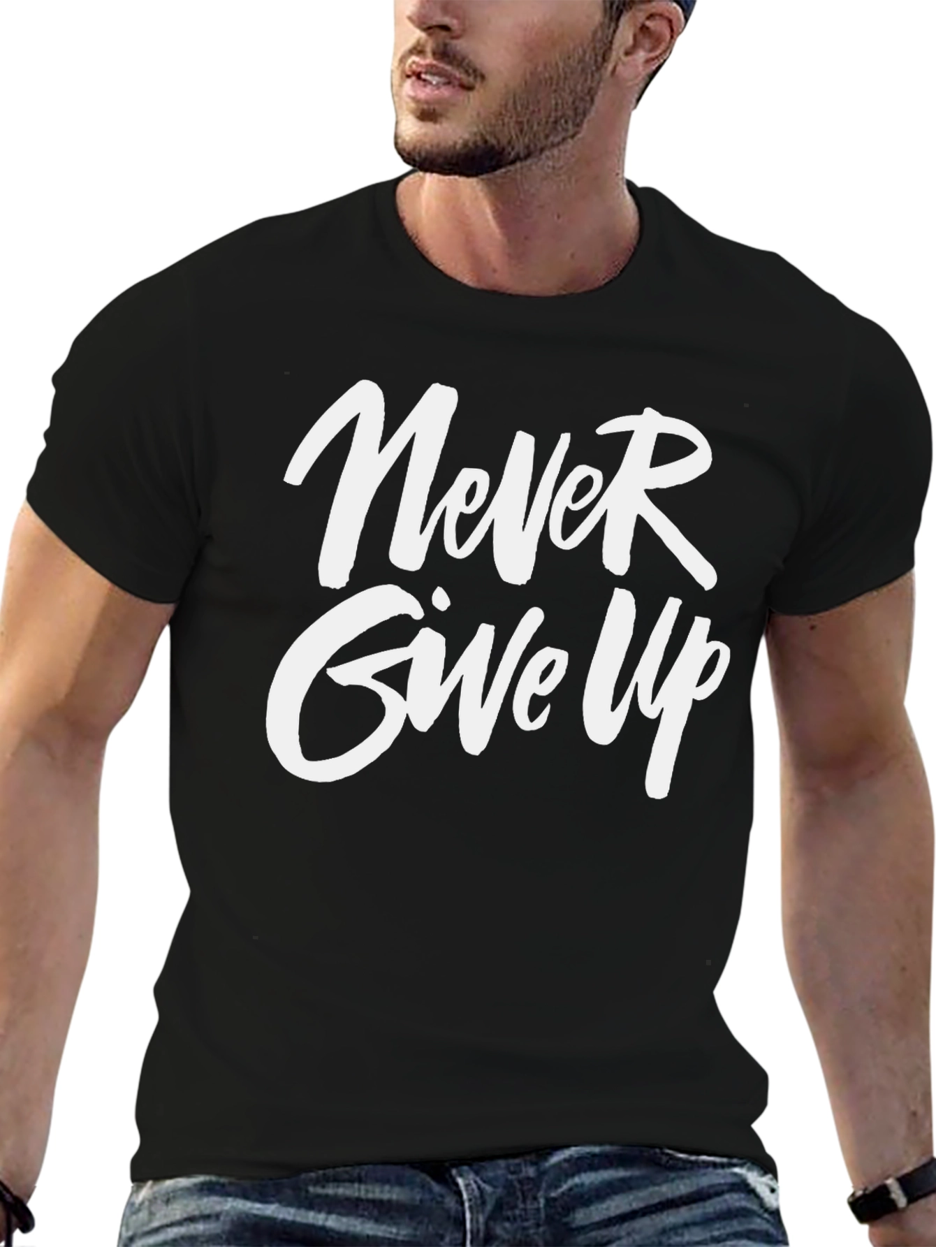 Black Never Give Up Graphic Print Crew Neck T-Shirt view 6