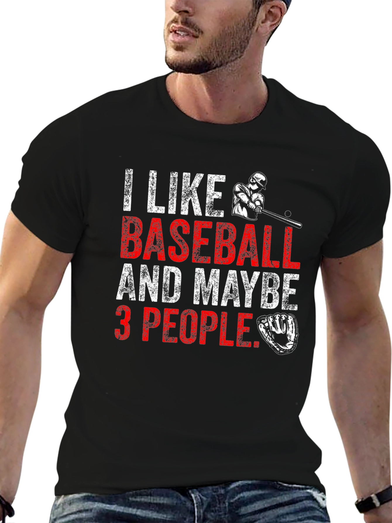 Black I Like Baseball & Maybe 3 People Black T-Shirt view 6